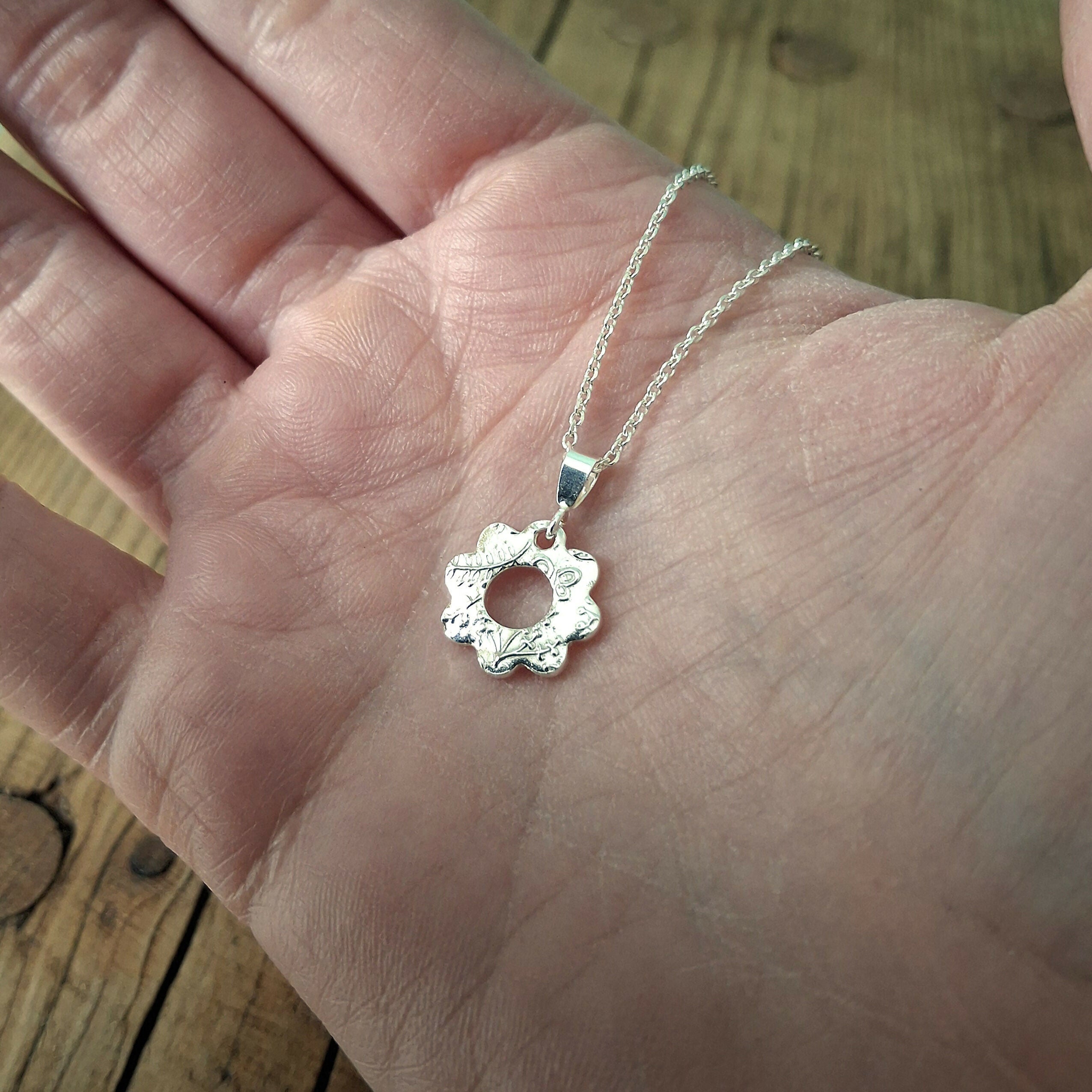 Handmade Silver Flower Charm Necklace Botanical Texture