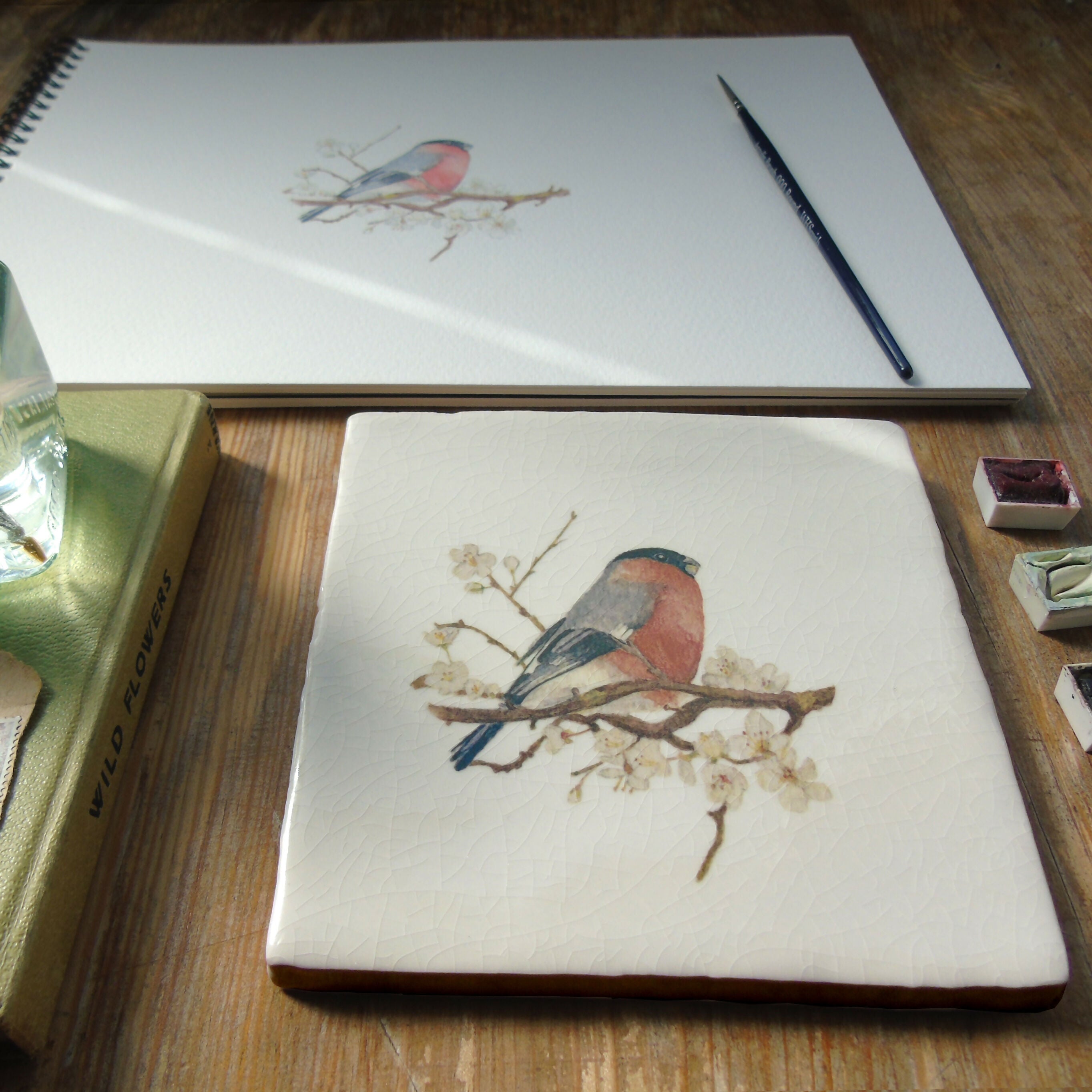 Bullfinch and Blossom Ceramic Tile Wall Art