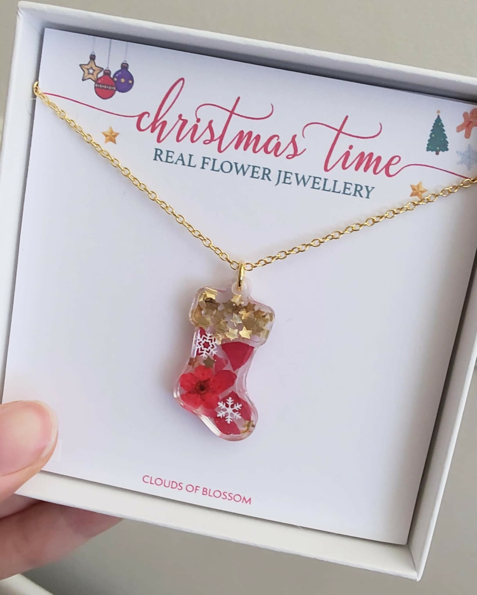 Christmas Red Stocking Real Flower Necklace Gold Plated