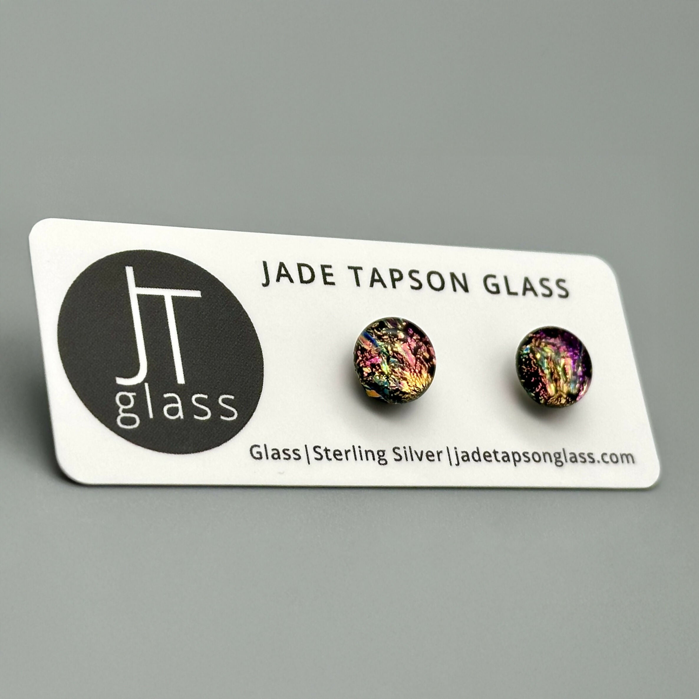 Pink Flower Dichroic Fused Glass Sterling Silver Stud Earrings - Handmade by Jade Tapson Glass.