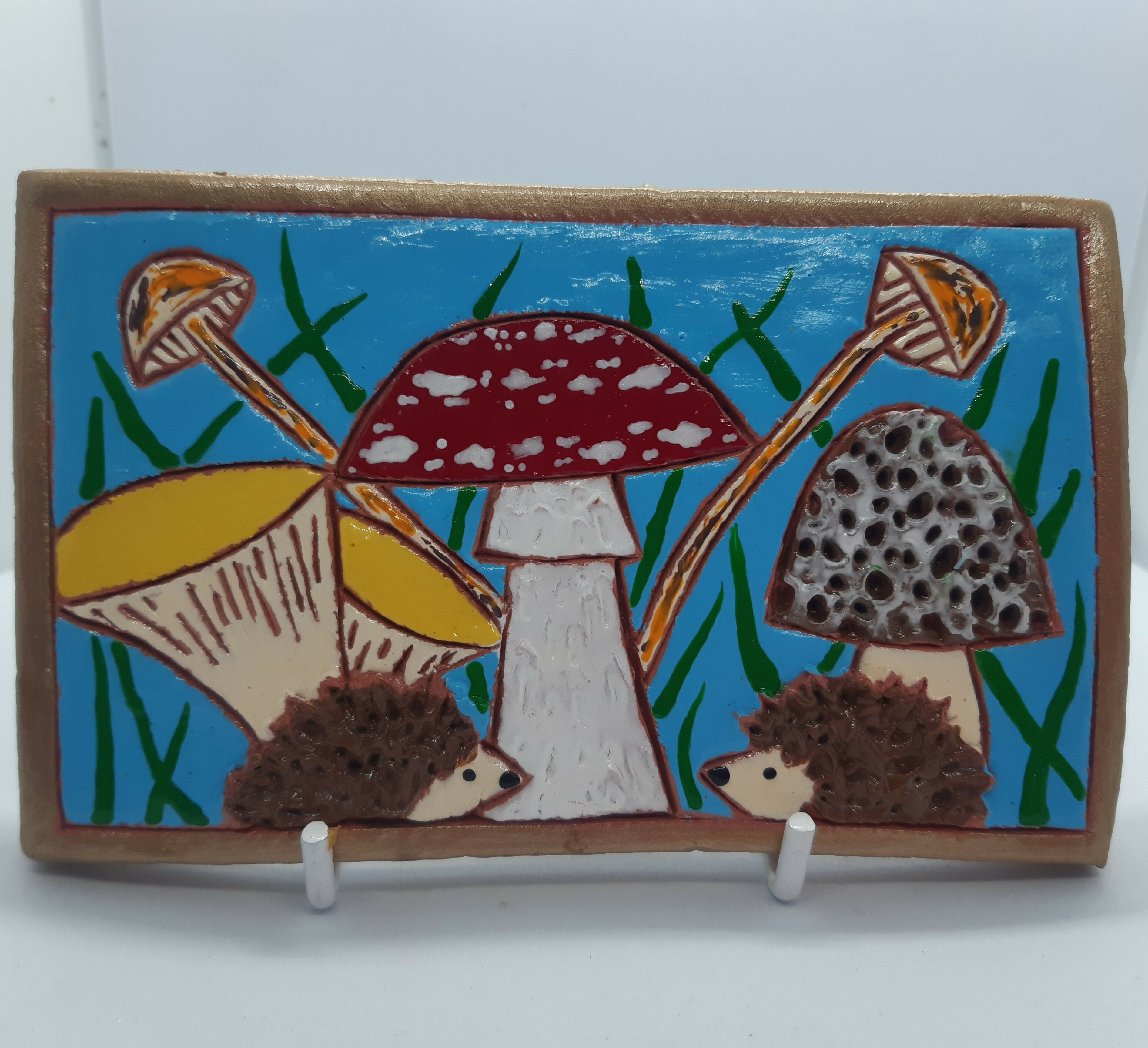 Clay Toadstool and Hedgehog Painted Tile