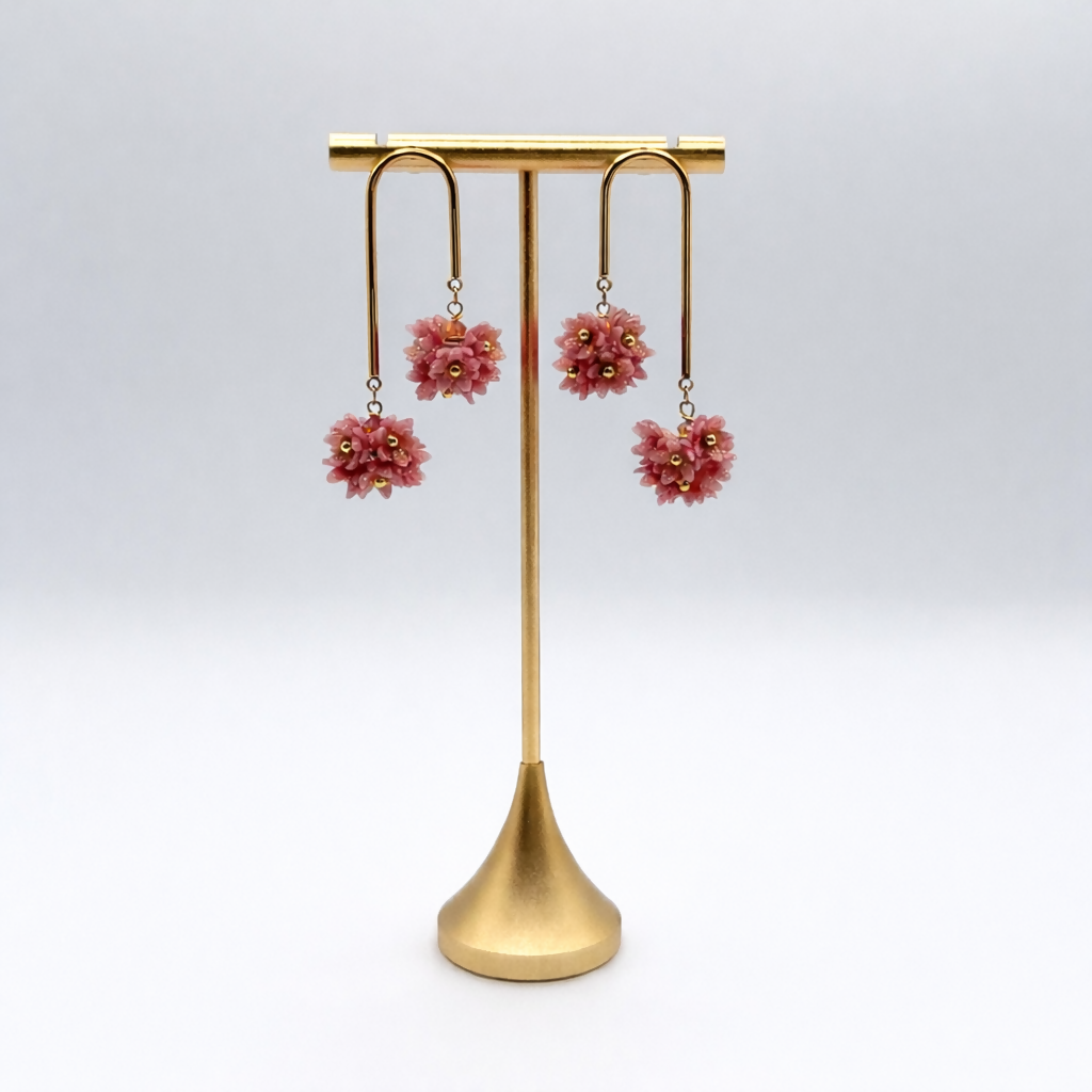 Floral Drop Earrings with Gold Arc and Flower Cluster in Blush Pink