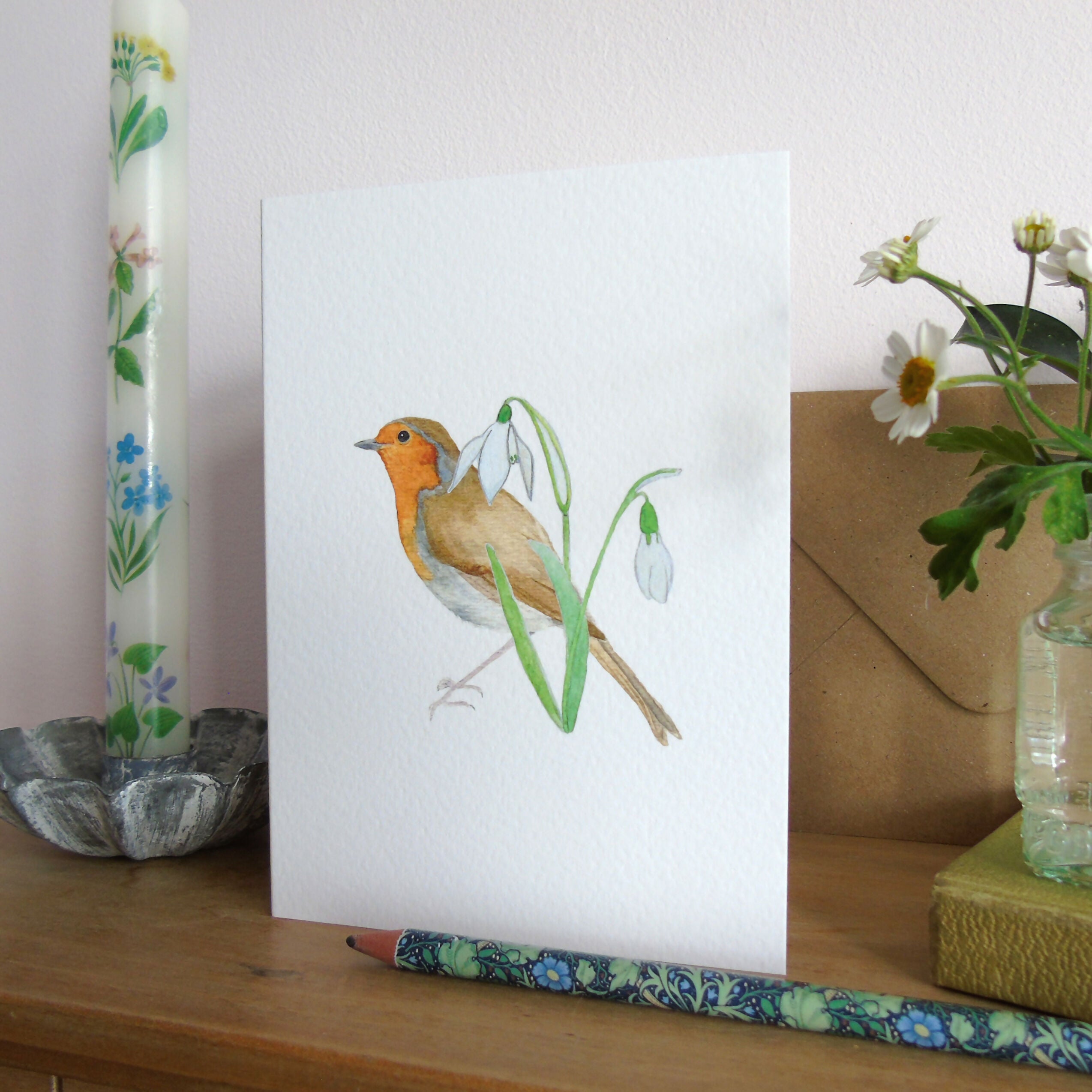 Robin and Snowdrops Greetings Card