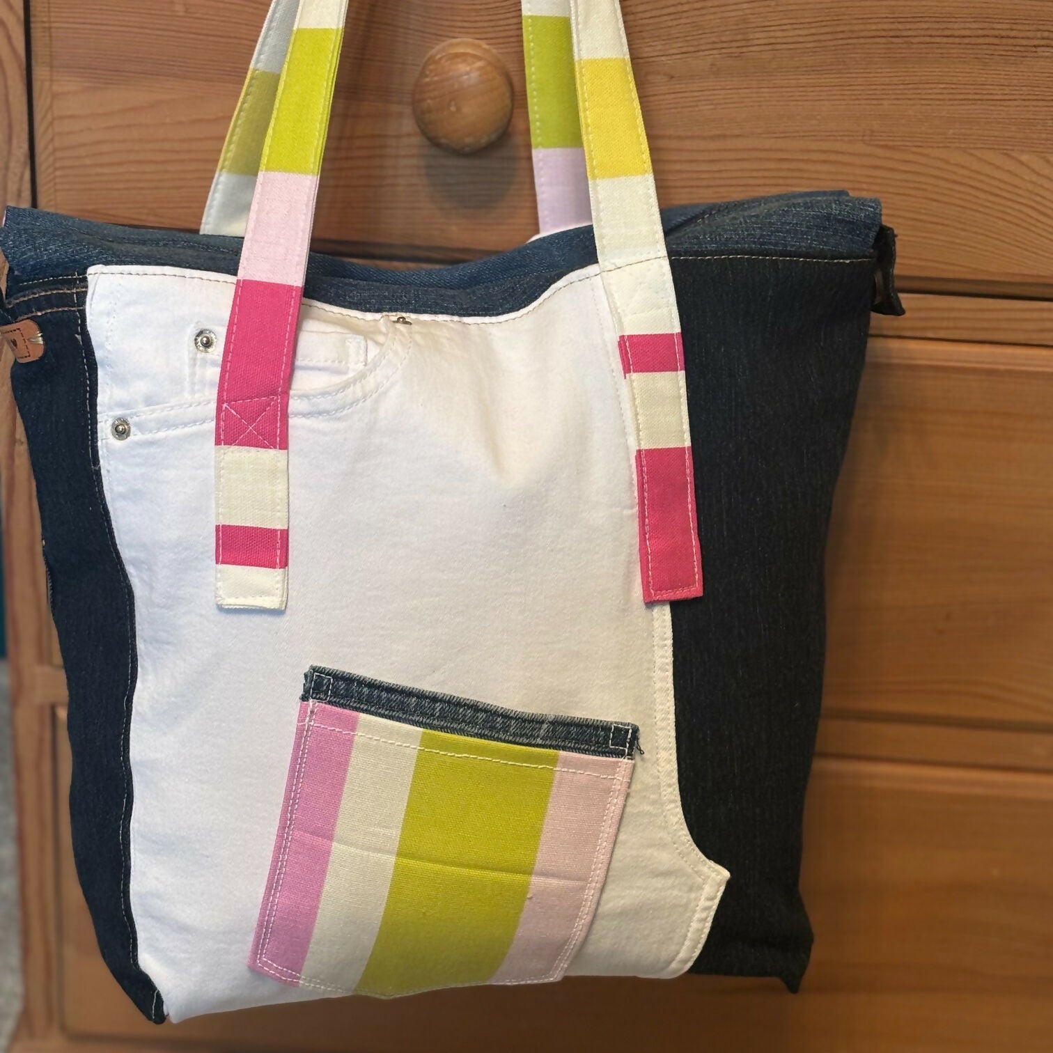 Unique Handcrafted Large Denim Tote Bag Handbag Made From Upcycled Blue And White Jeans