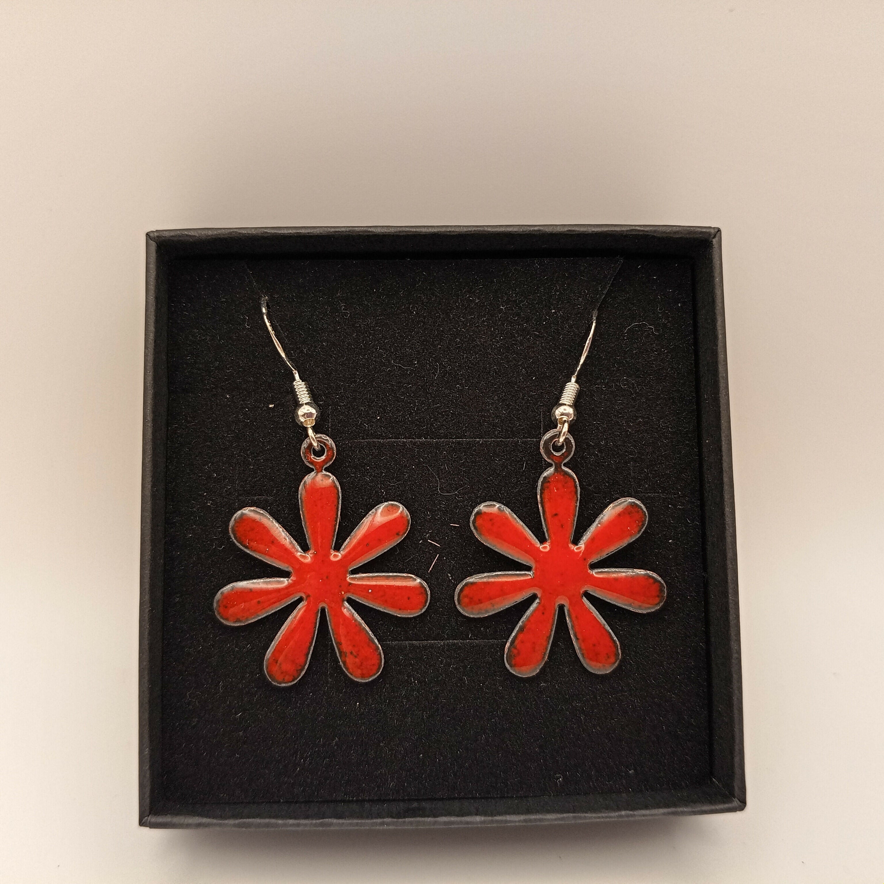 Bright Red Enamel Flower Earrings