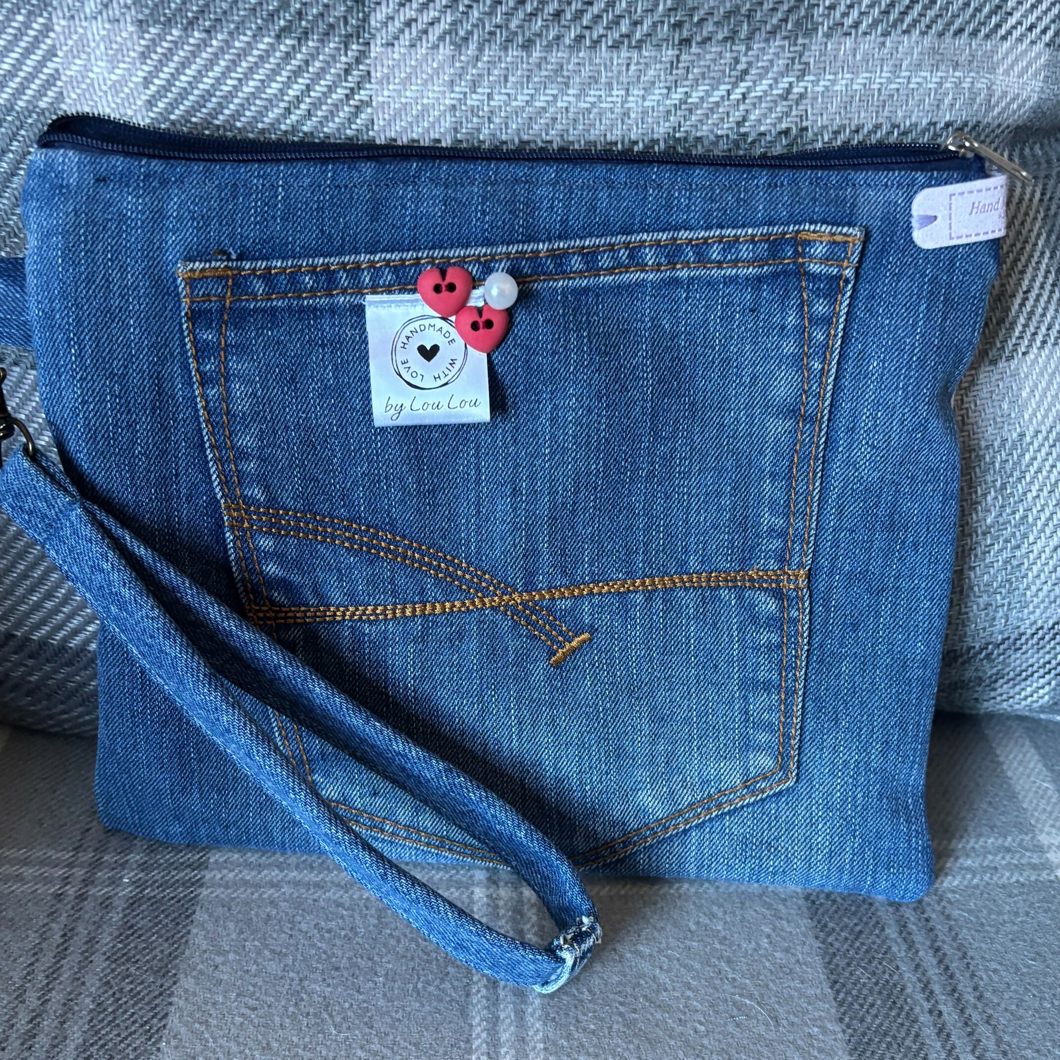 Unique Handcrafted Clutch Purse Wristie Bag Made From Upcycled Jeans And Fabric