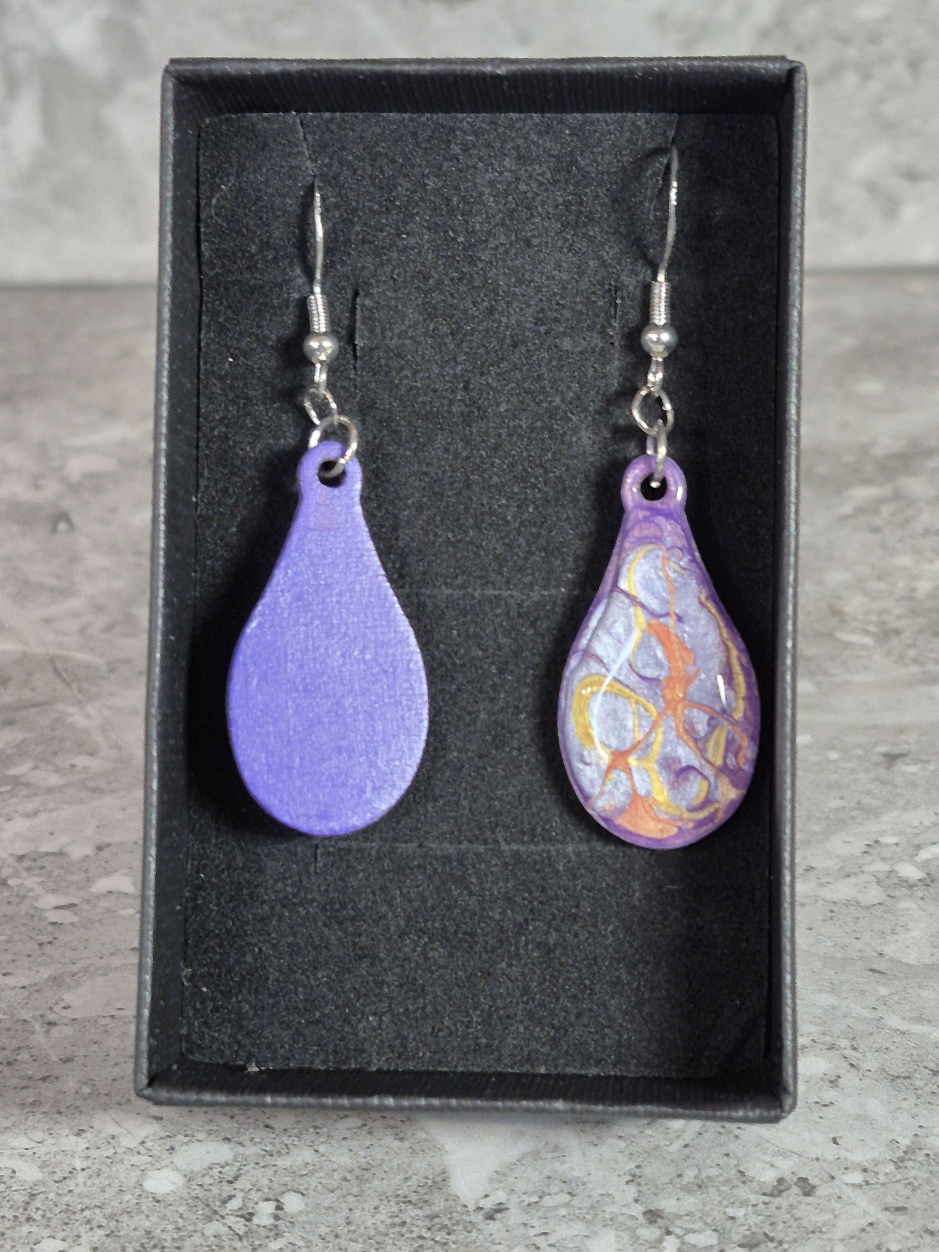 Handcrafted Tear Drop Purple, Silver, Gold And Orange Earrings