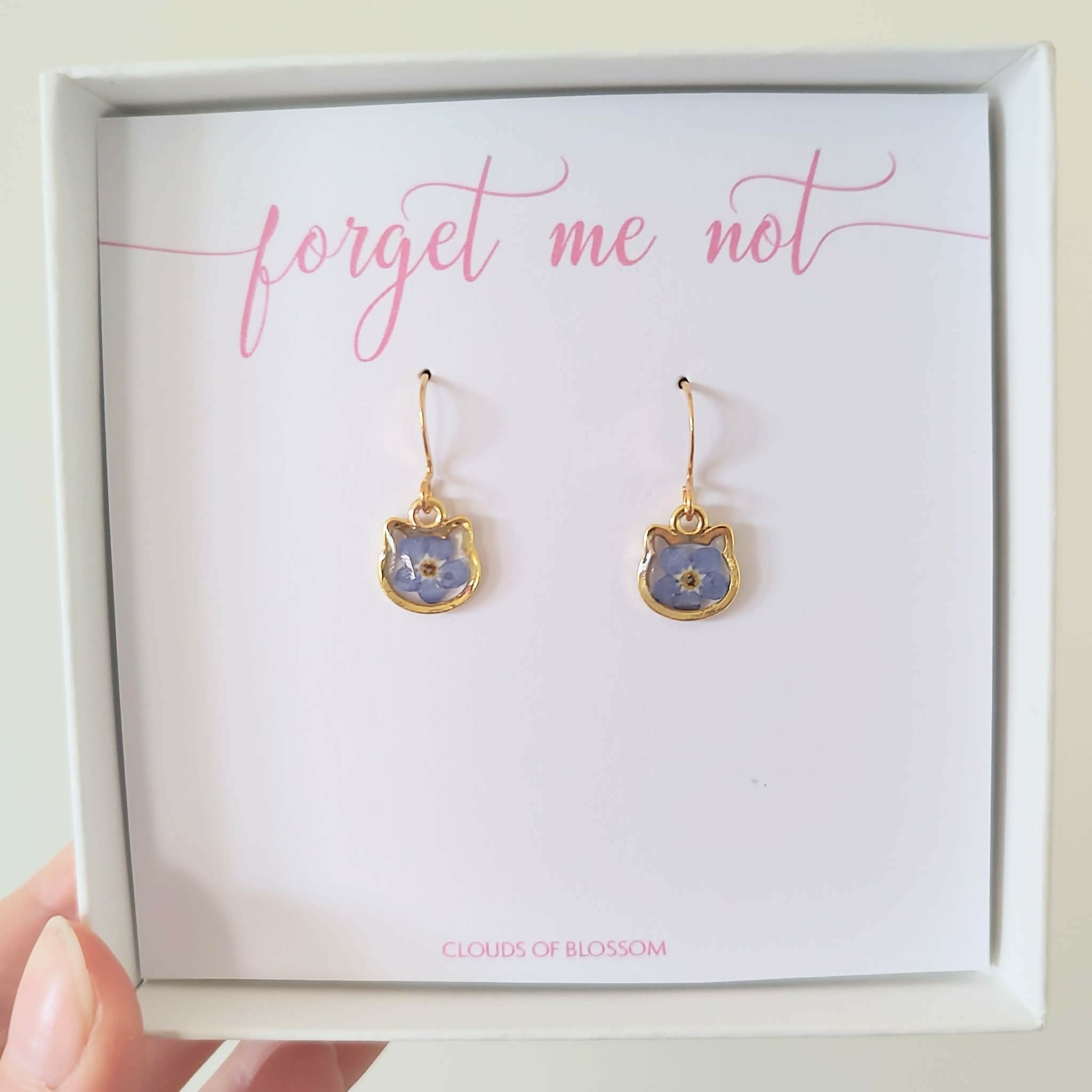 Forget Me Not Blue Cat Earrings Gold Plated