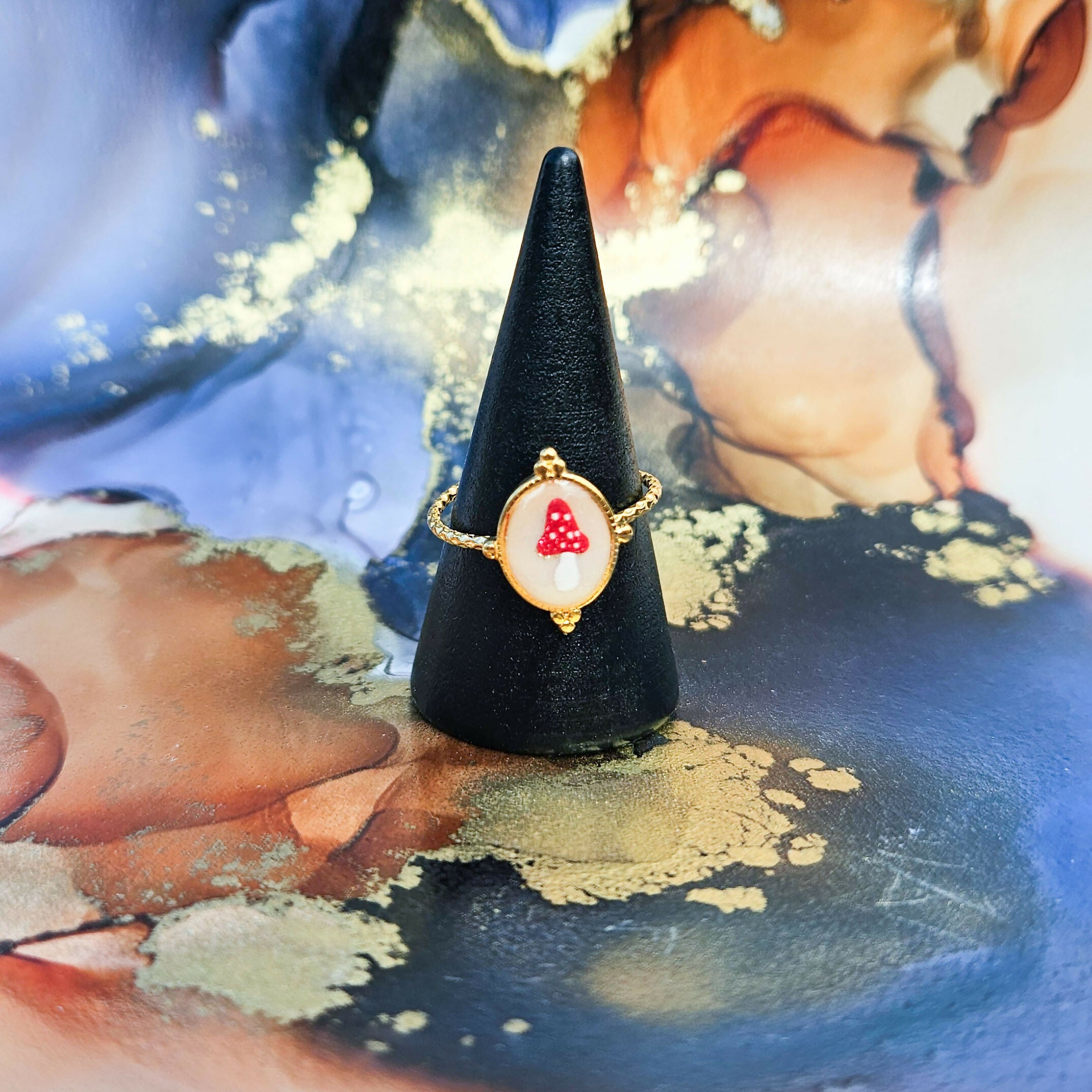 Handmade Mushroom Resin And Stainless Steel Adjustable Ring