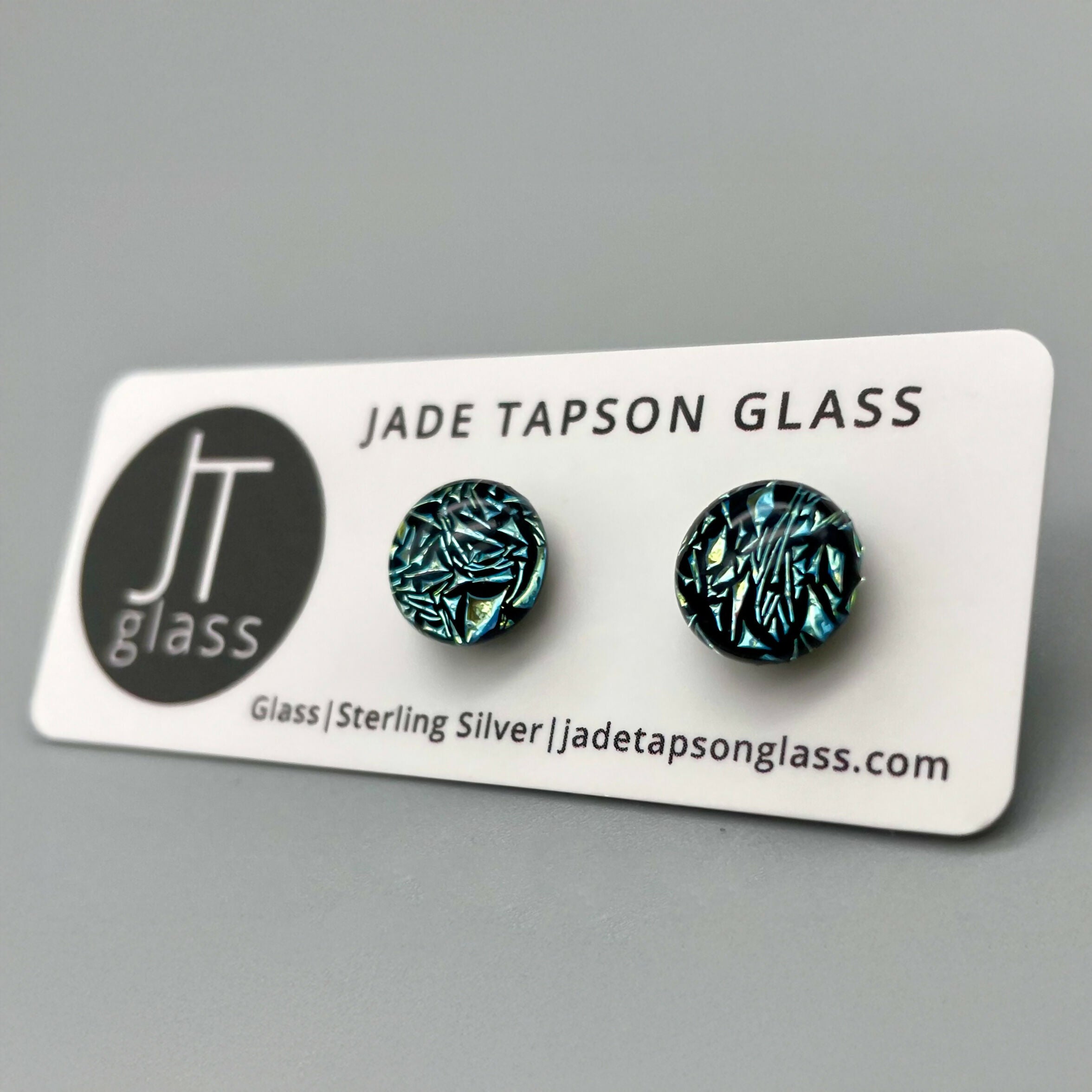 Crackle Dichroic Fused Glass Sterling Silver Stud Earrings - Handmade by Jade Tapson Glass.
