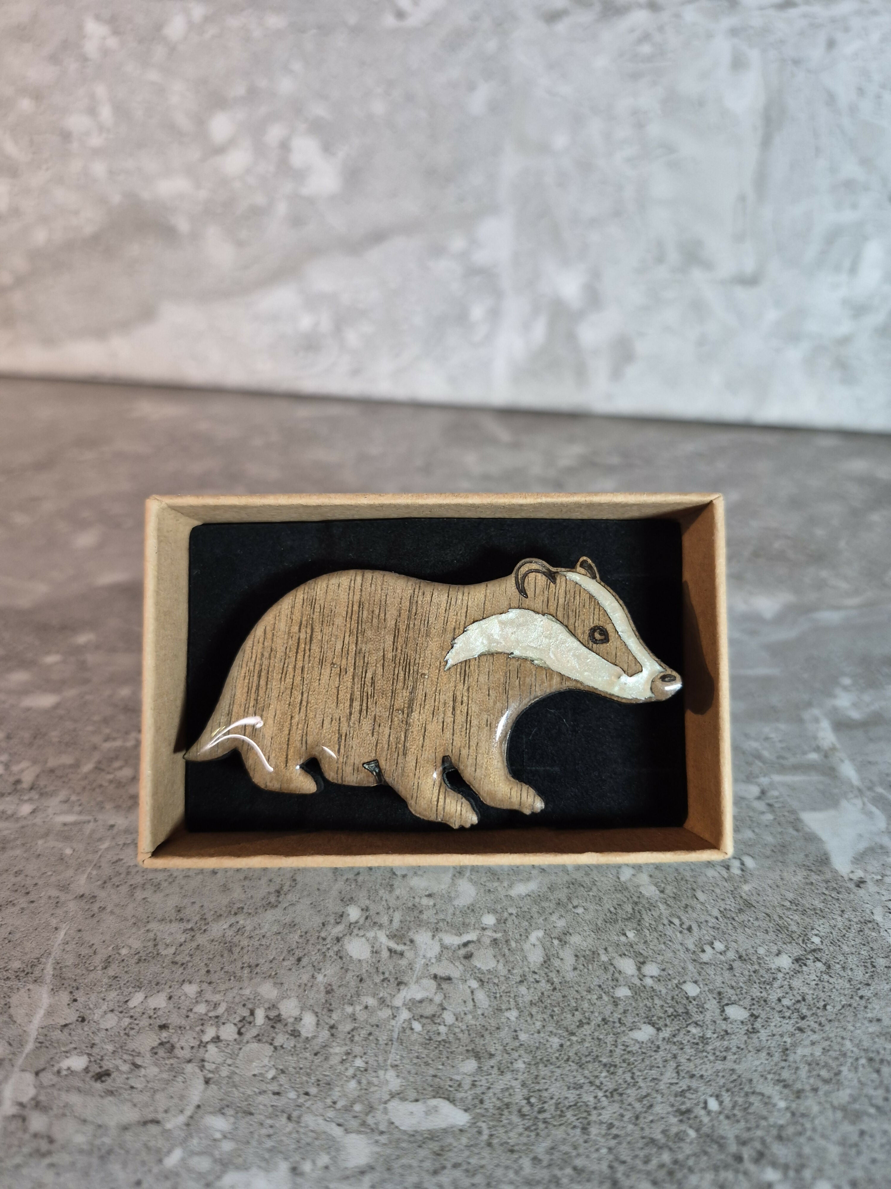 Handcrafted Walnut Veneer Badger Pin