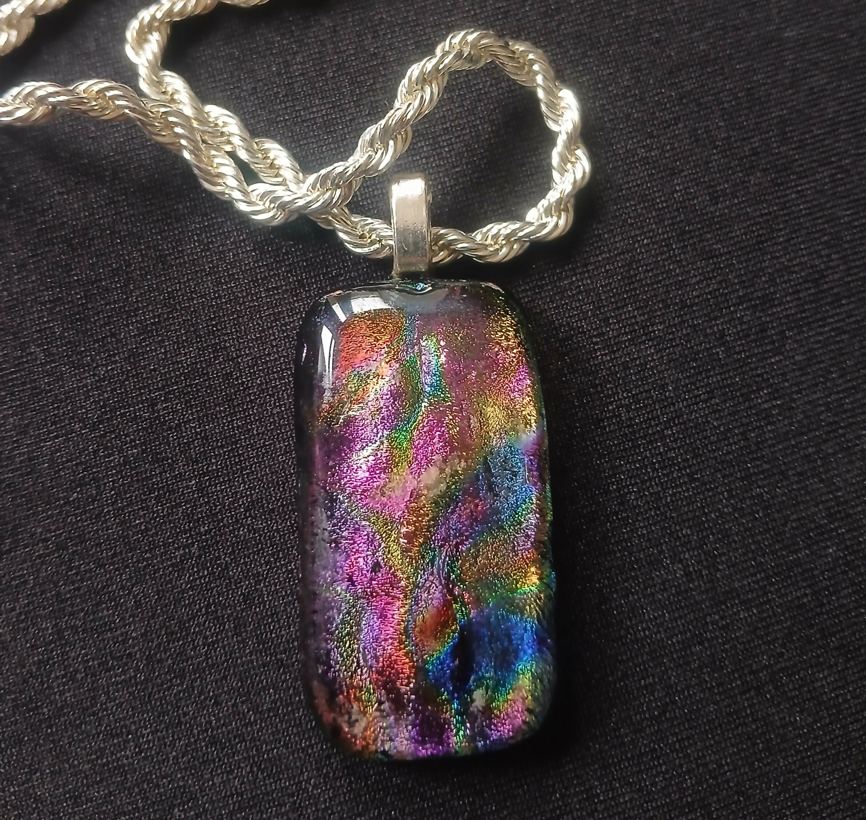 Fused Dichroic Glass Large Rectangular Pendant With a Chain Necklace (Rainbow)