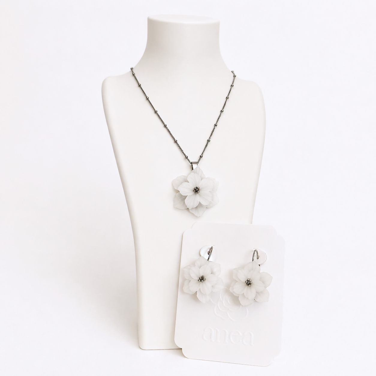 Translucent White Flower Pendant Necklace with Silver Chain