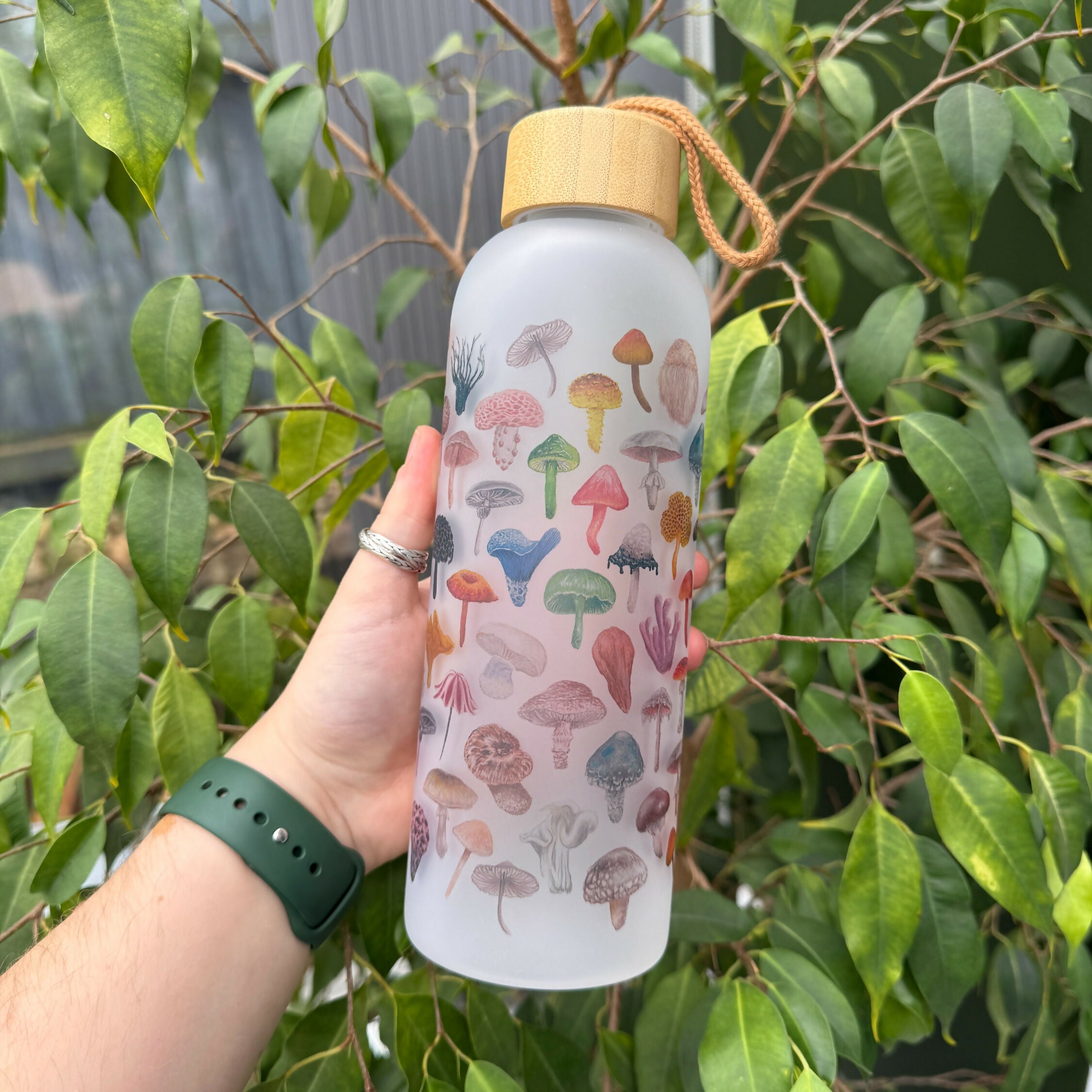 Mushroom - 25oz Glass Water Bottle with Bamboo Lid