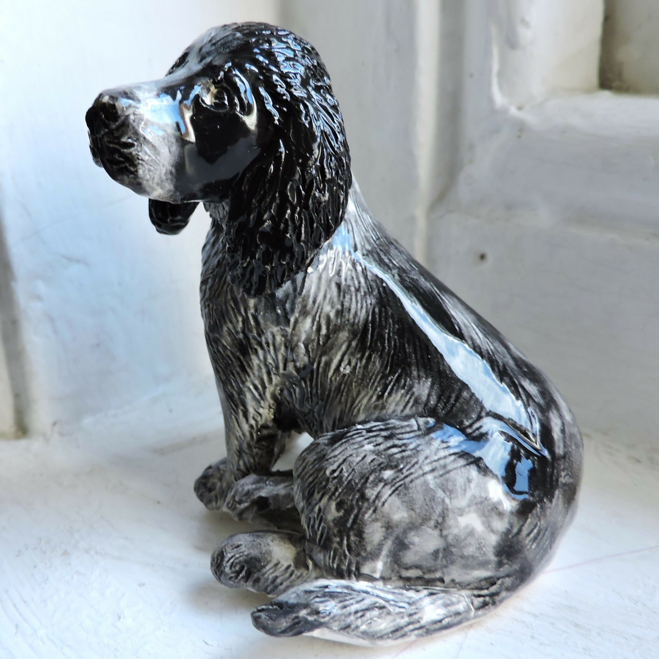 Ceramic Cocker Spaniel dog sculpture, blue roan