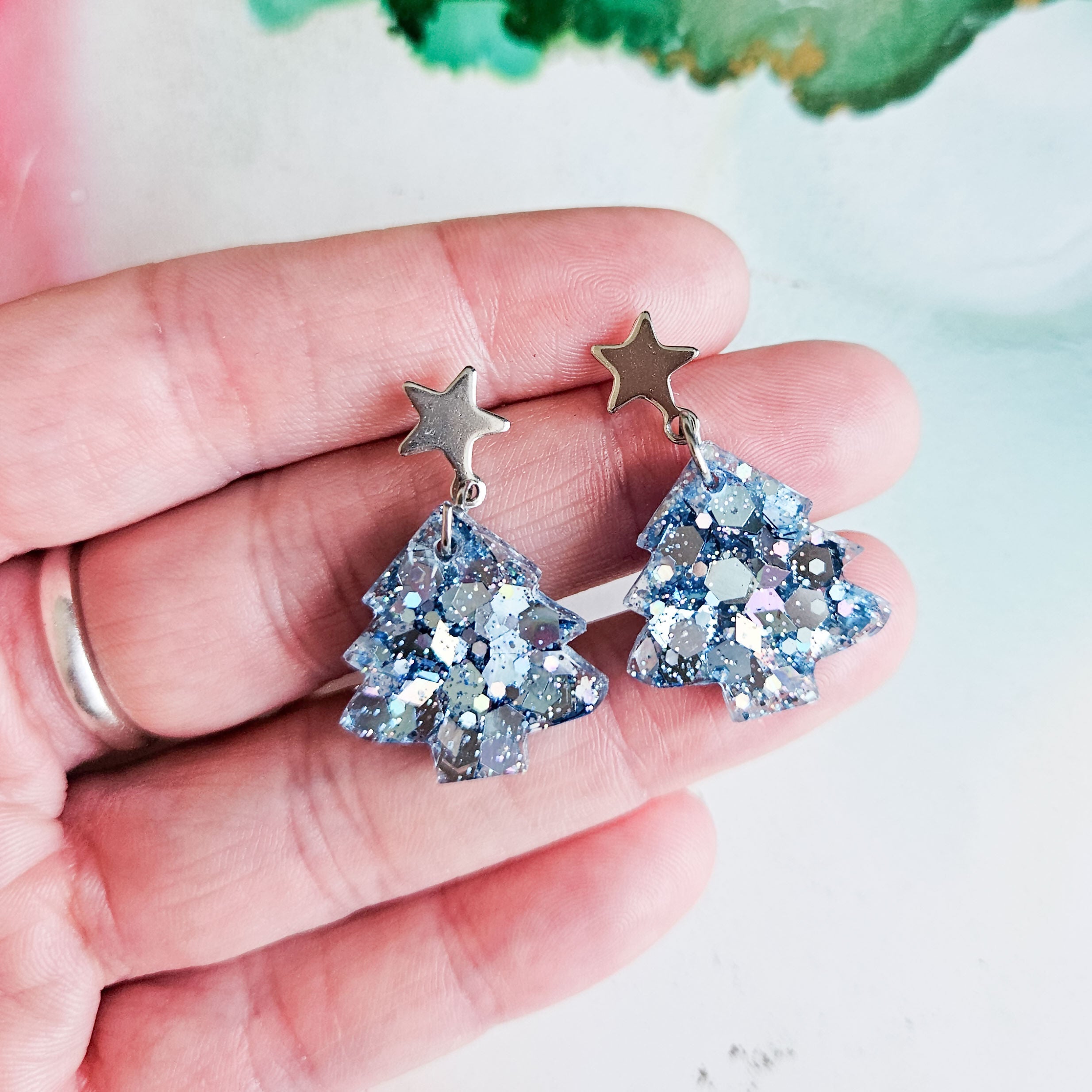 Handmade Glitter Christmas Trees Earrings With Star Studs