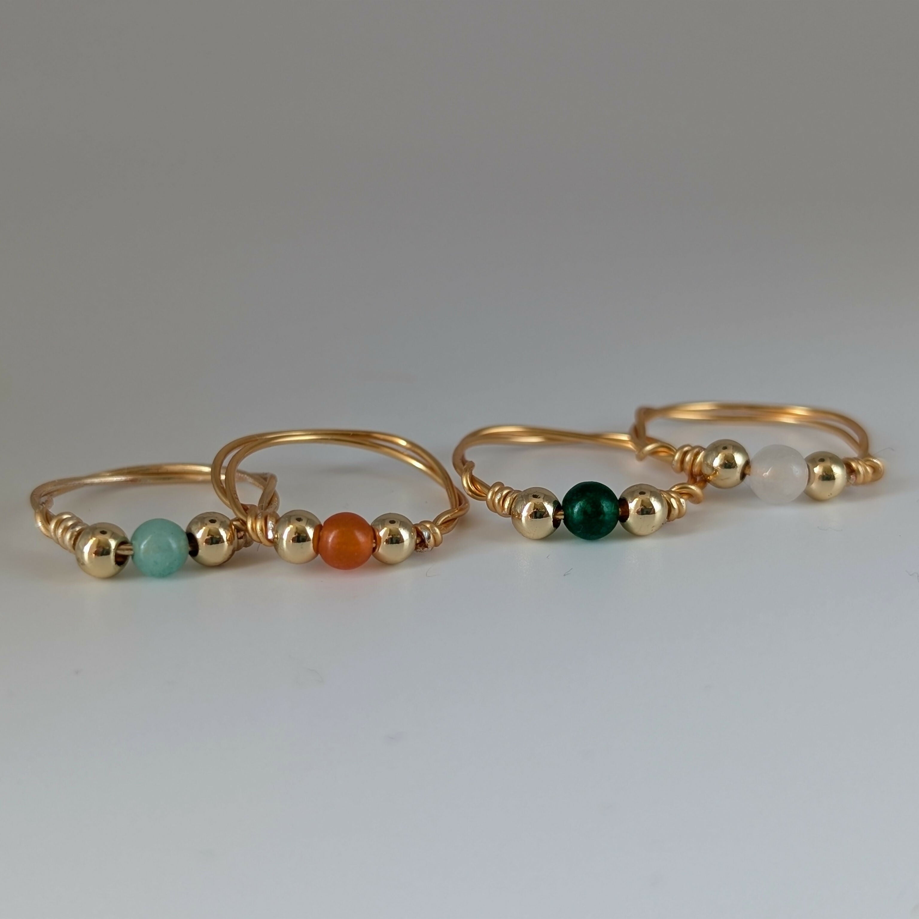 SIZE MEDIUM Semi Precious Bead Gold Plated Wire Rings in a Choice of Colours