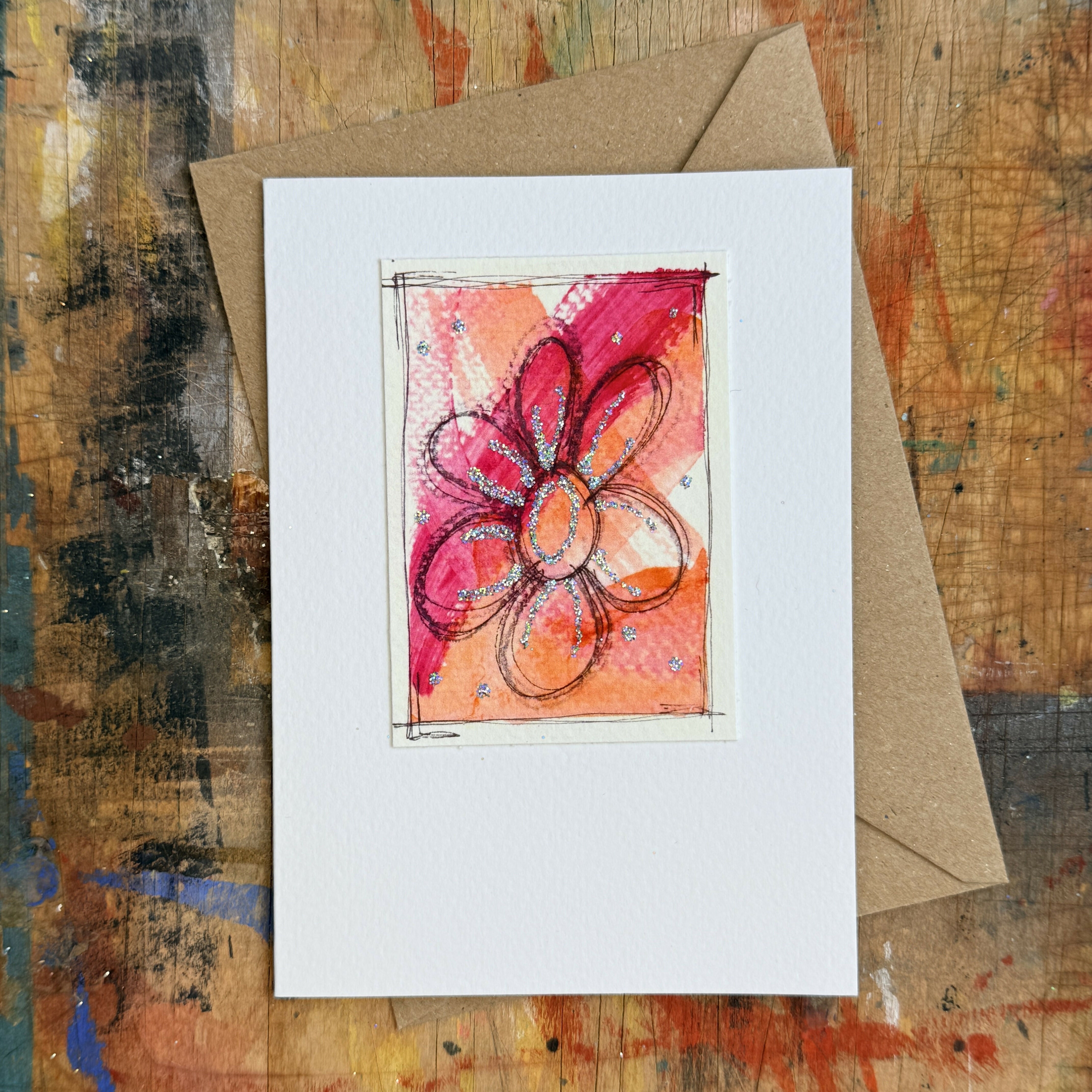 Abstract Sparkle Flower Card in Pink