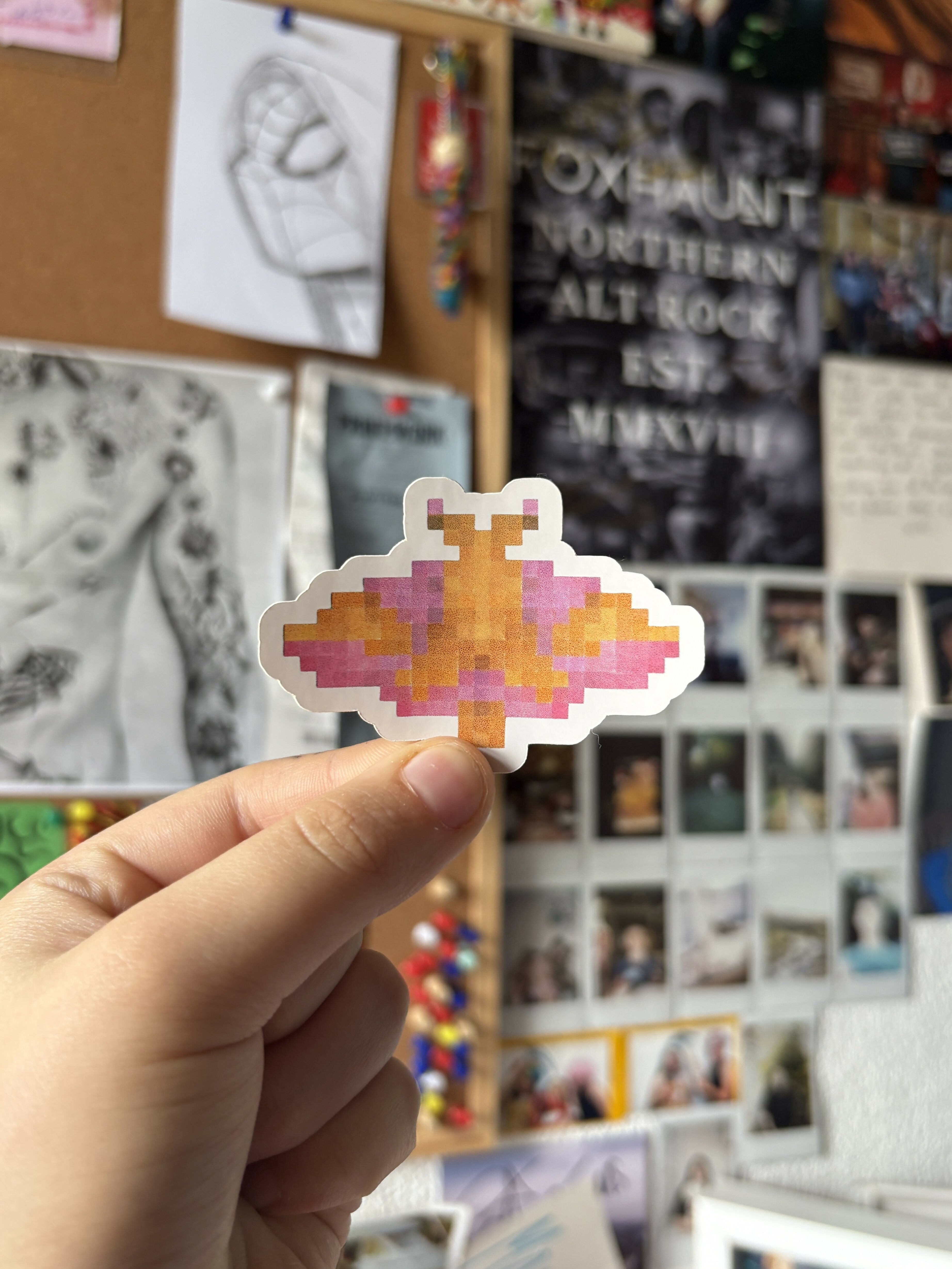 Pixel Rosy Maple Moth Die-Cut Sticker