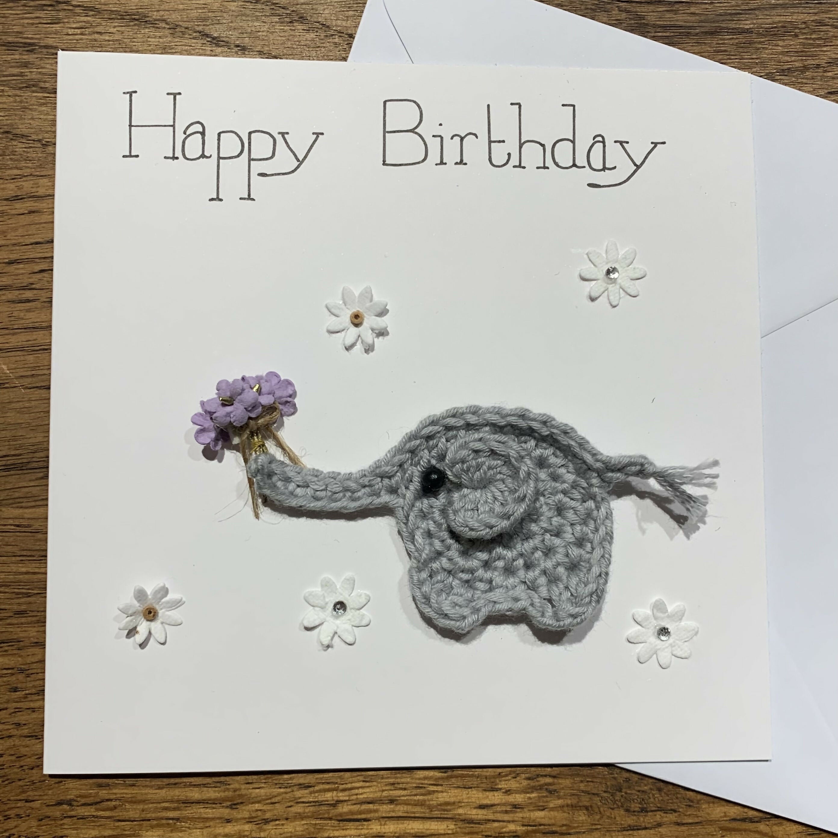 Happy Birthday Crocheted card with Rabbit or Elephant