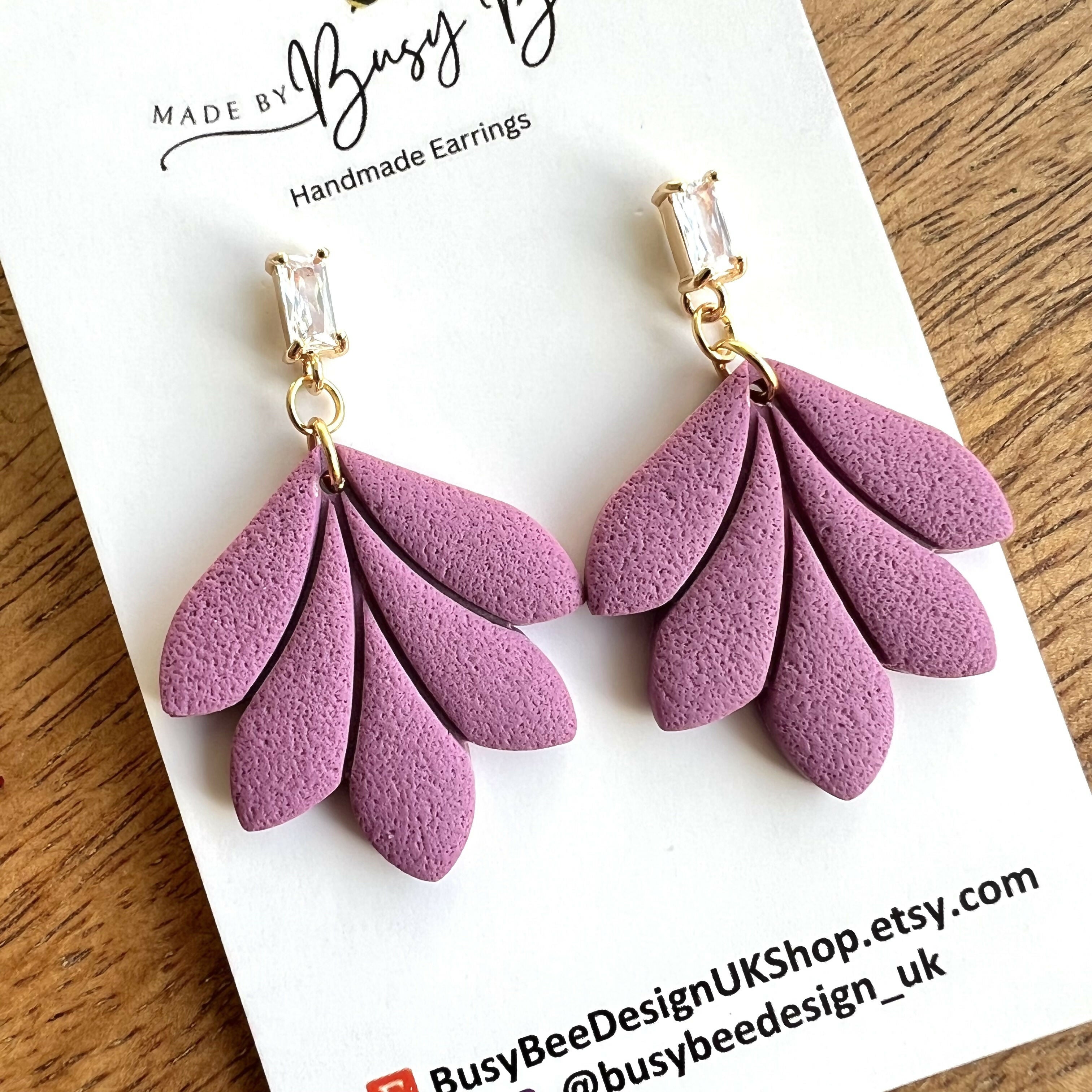 Minimal Leaf Earrings with Clear Glass Cubic Zirconia Studs/ Art Deco Polymer Clay Earrings / Handmade Clay Jewellery