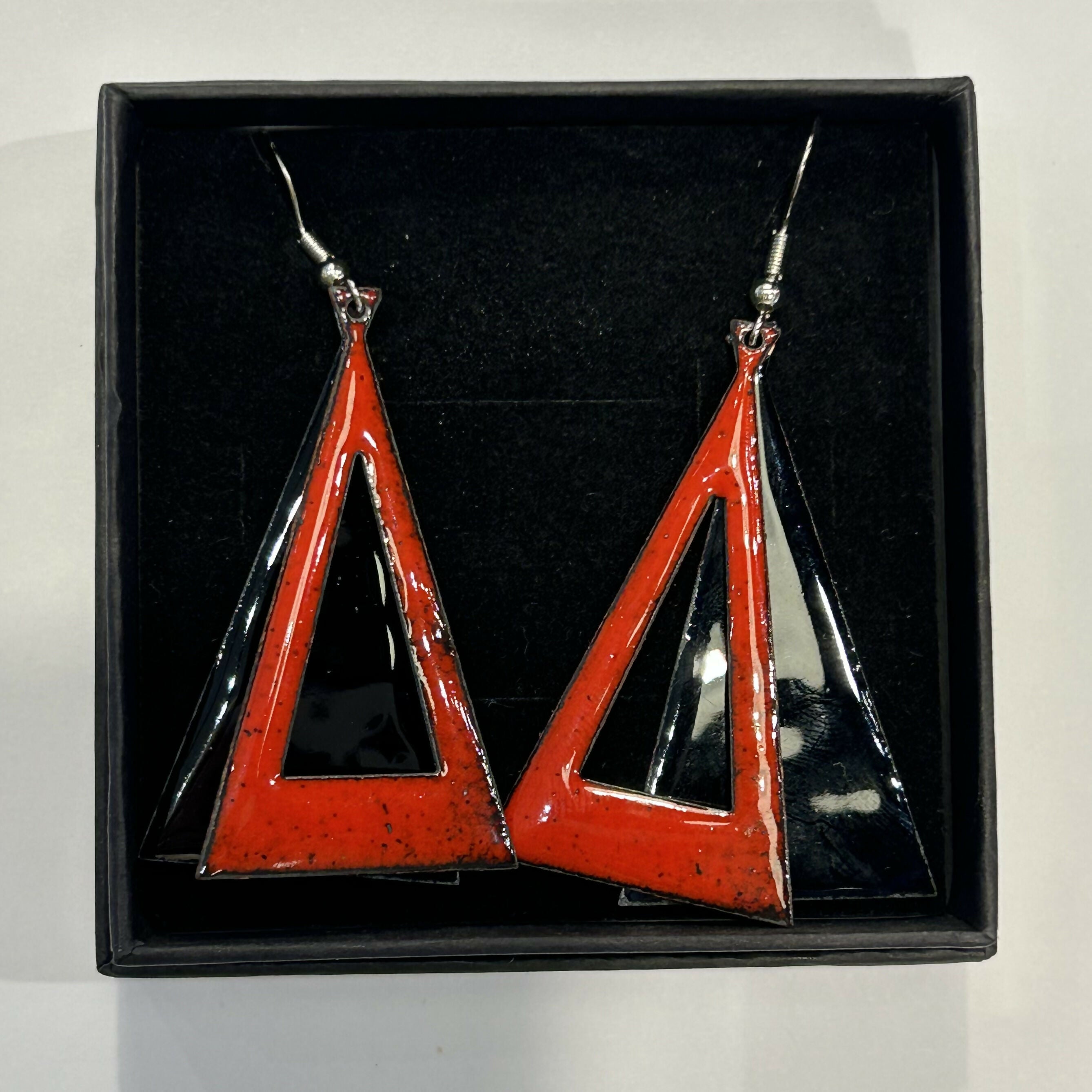Black And Red Enamel Triangle Earrings