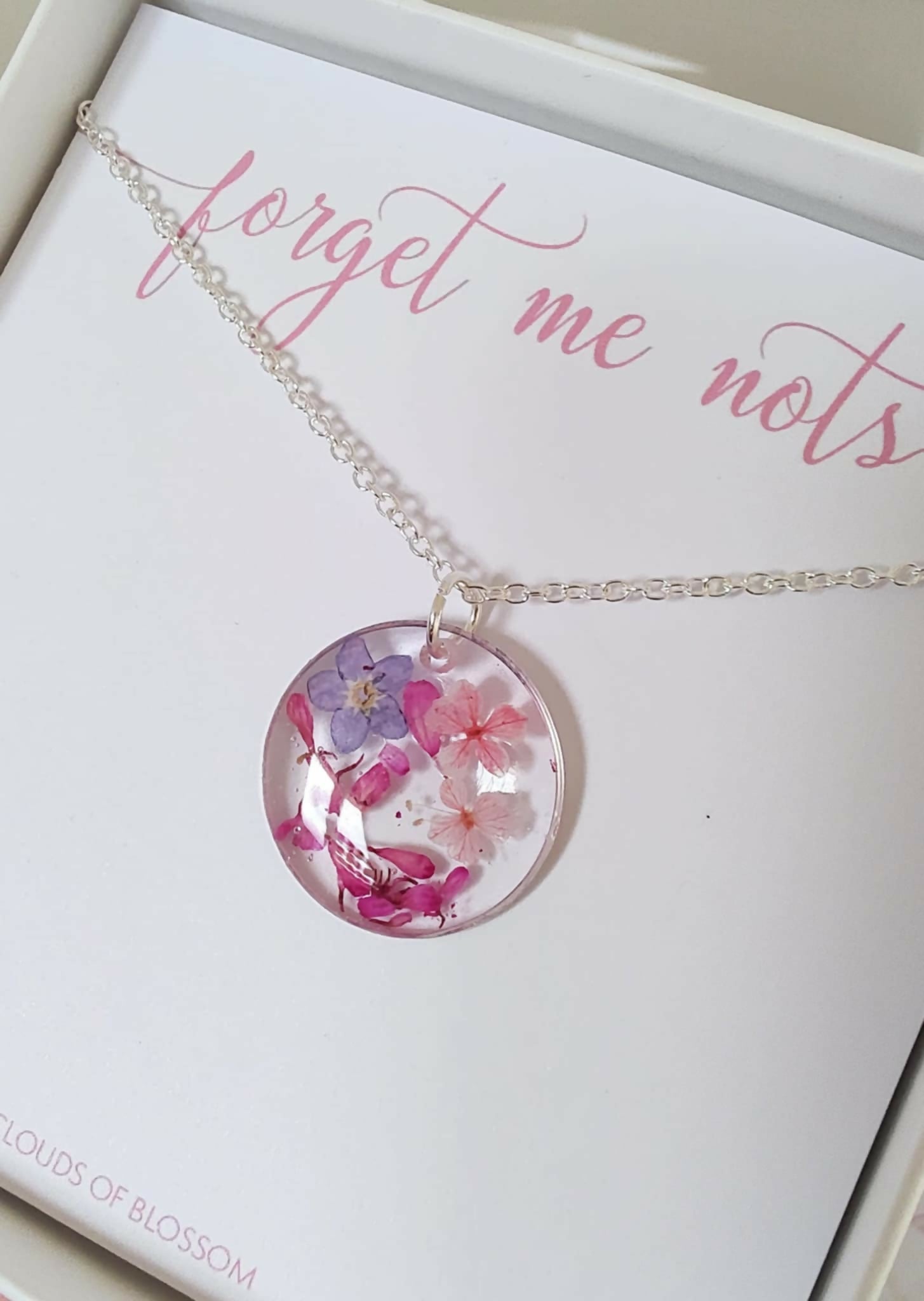 Real Flower Pink Necklace Silver Plated