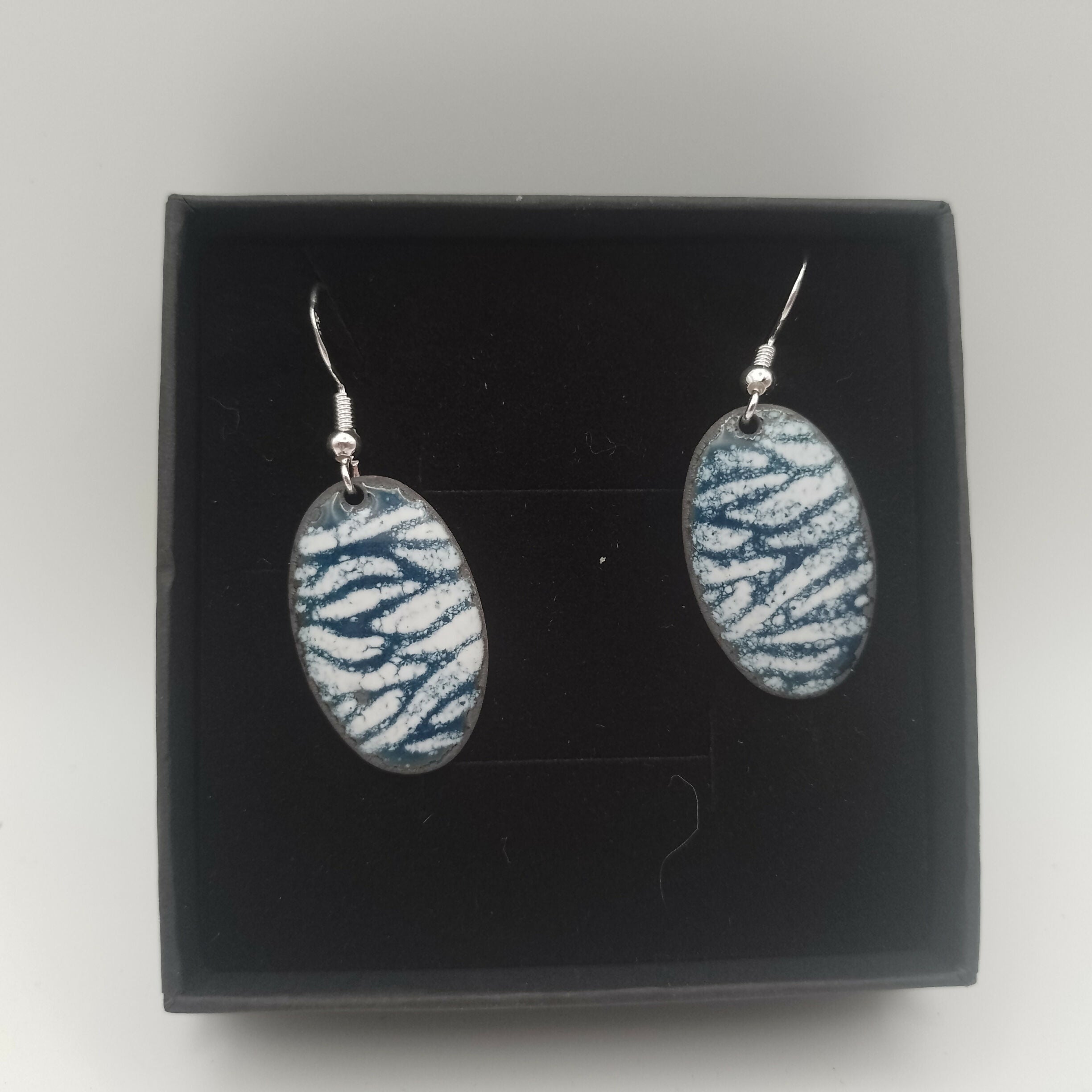 Dark Blue with White Striped Enamel Earrings