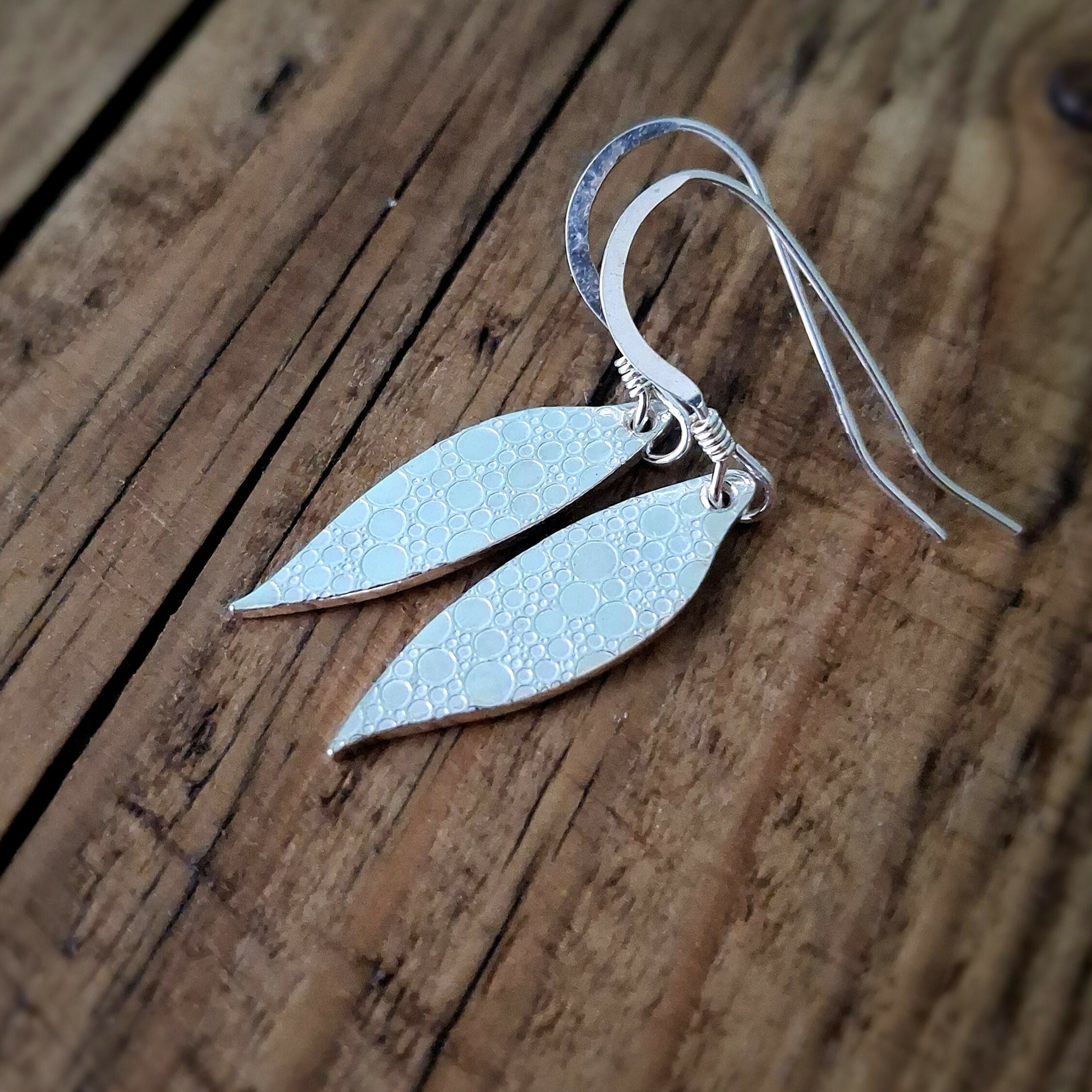Handmade Silver Drop Leaf Earrings Bubble Texture