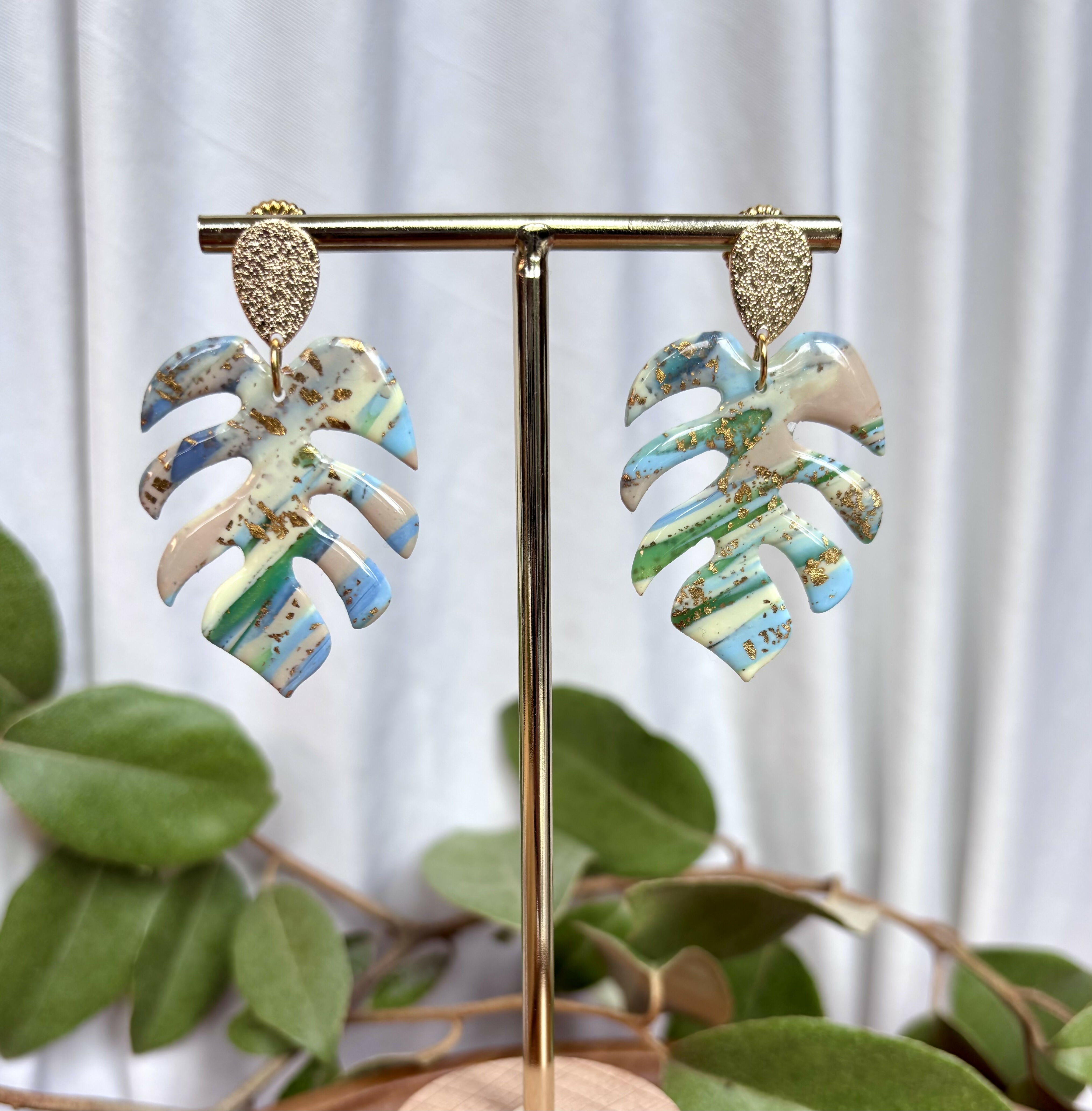 Aqua Collection - Monstera Leaf Polymer Clay Earrings