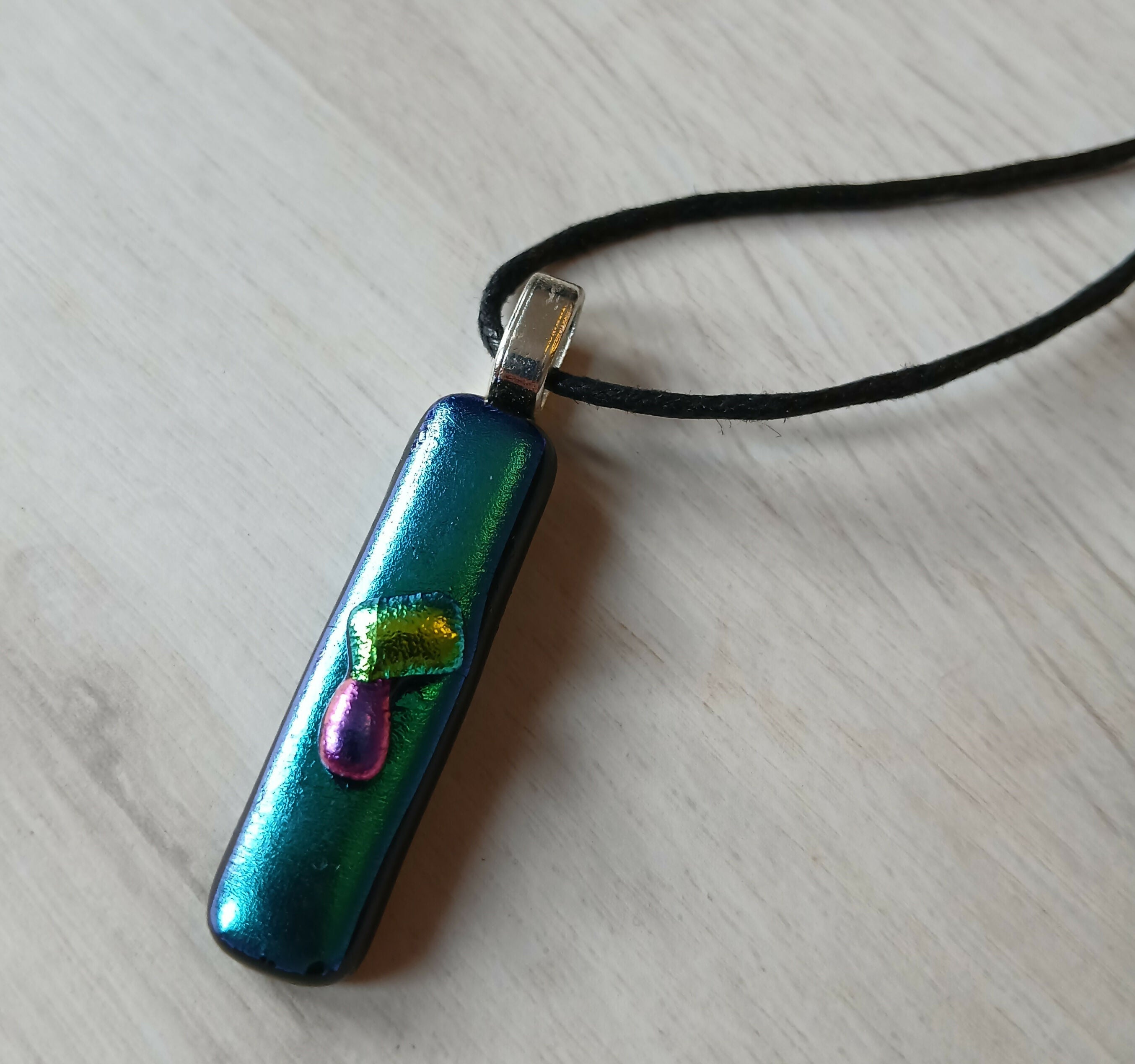Fused Dichroic Glass Rectangular Pendant With a Cord Necklace (Green with Decorative Beads)