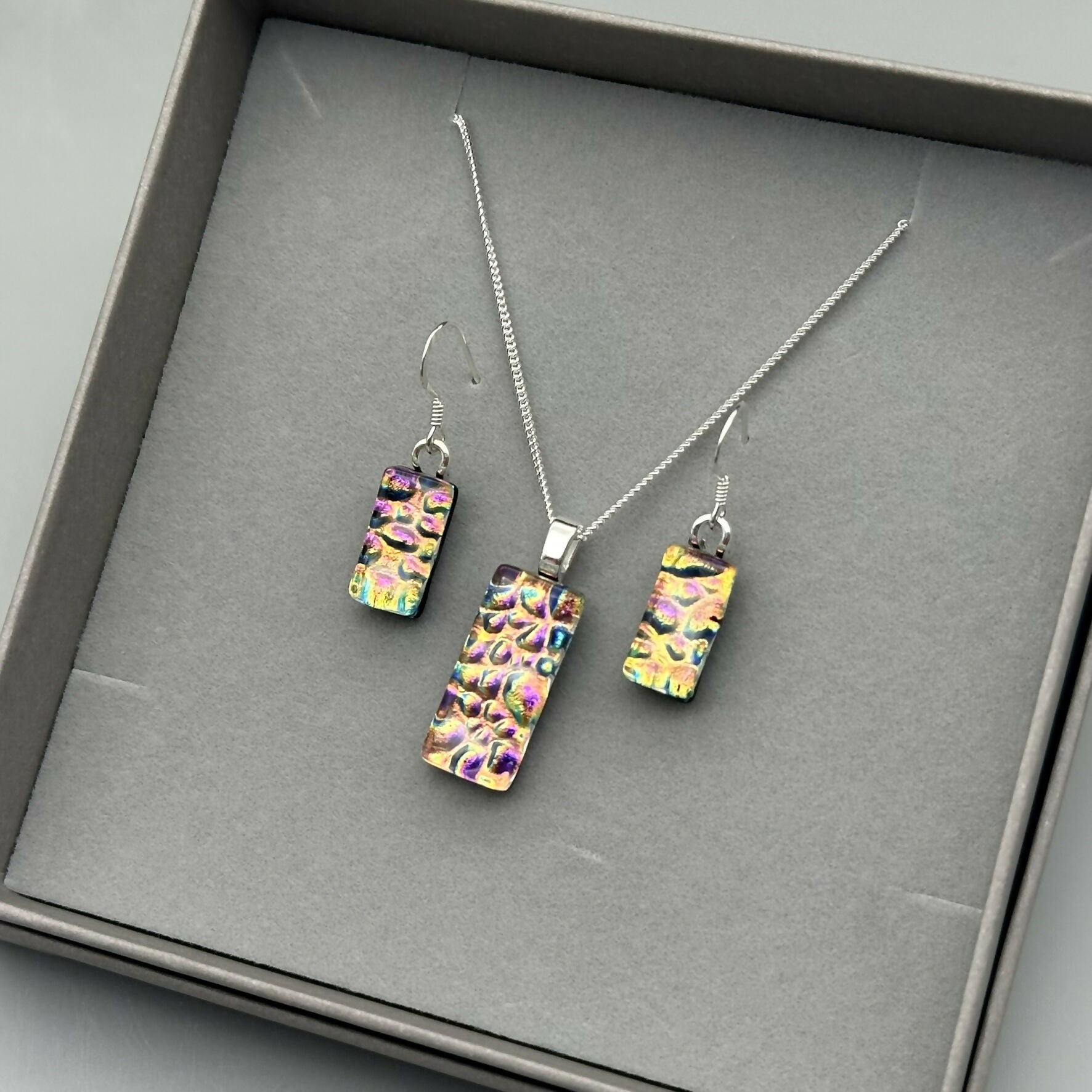 Pink & Orange Raindrop Dichroic Glass Necklace and Earrings Set - Sterling Silver, Handmade by Jade Tapson Glass