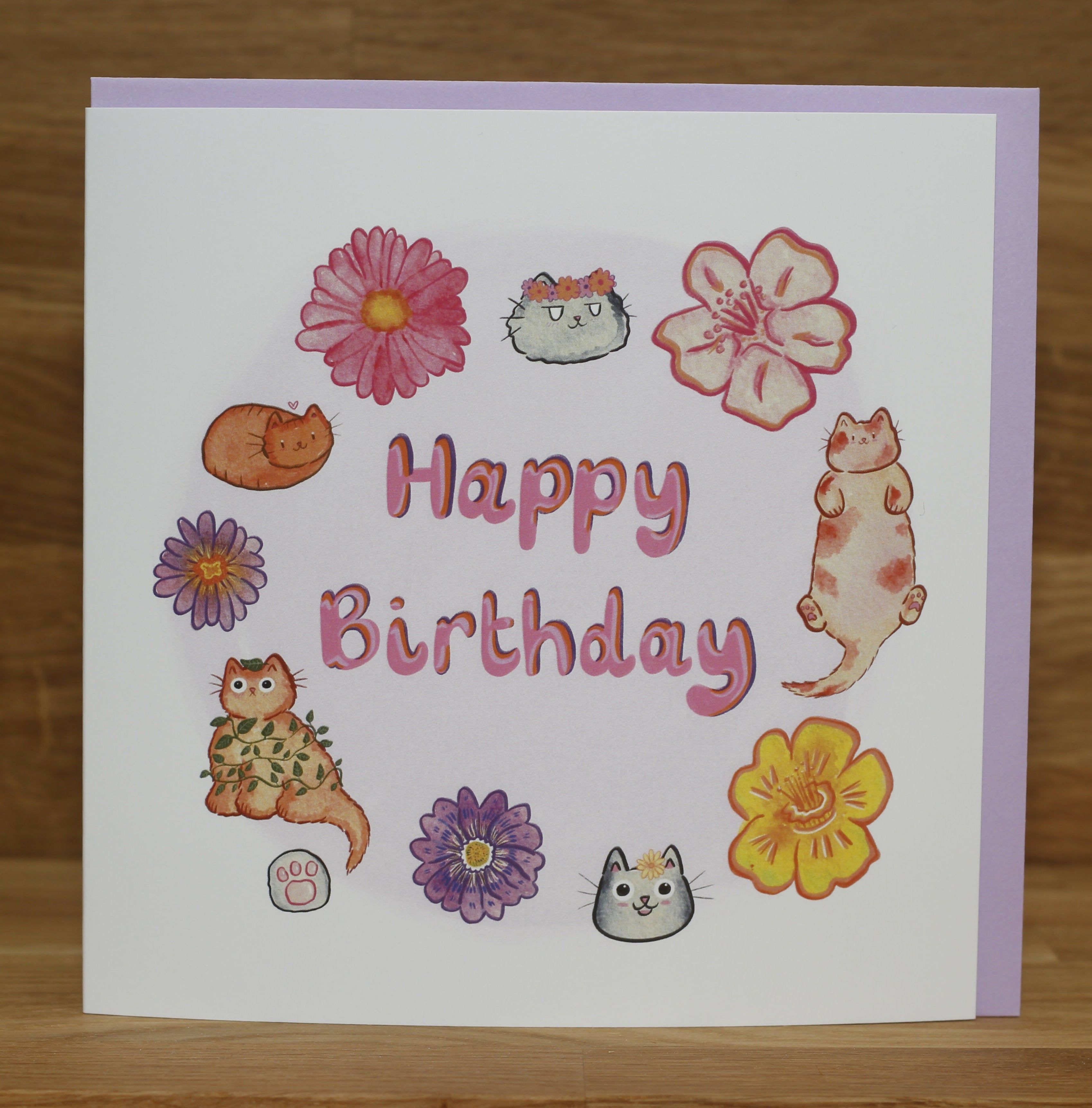 Happy Birthday Flowery Cats Greeting Card
