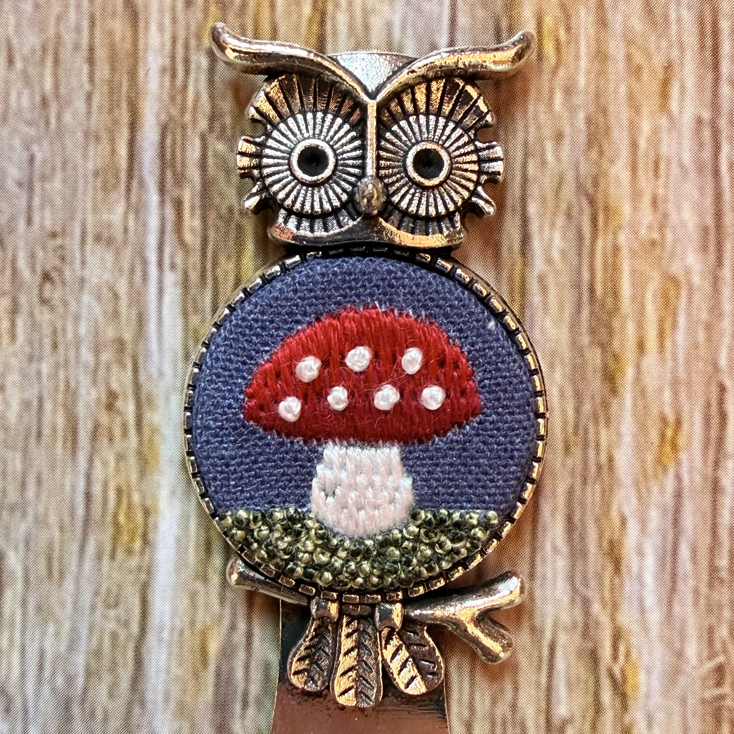 Silver Owl Hand Embroidered Mushroom Bookmark