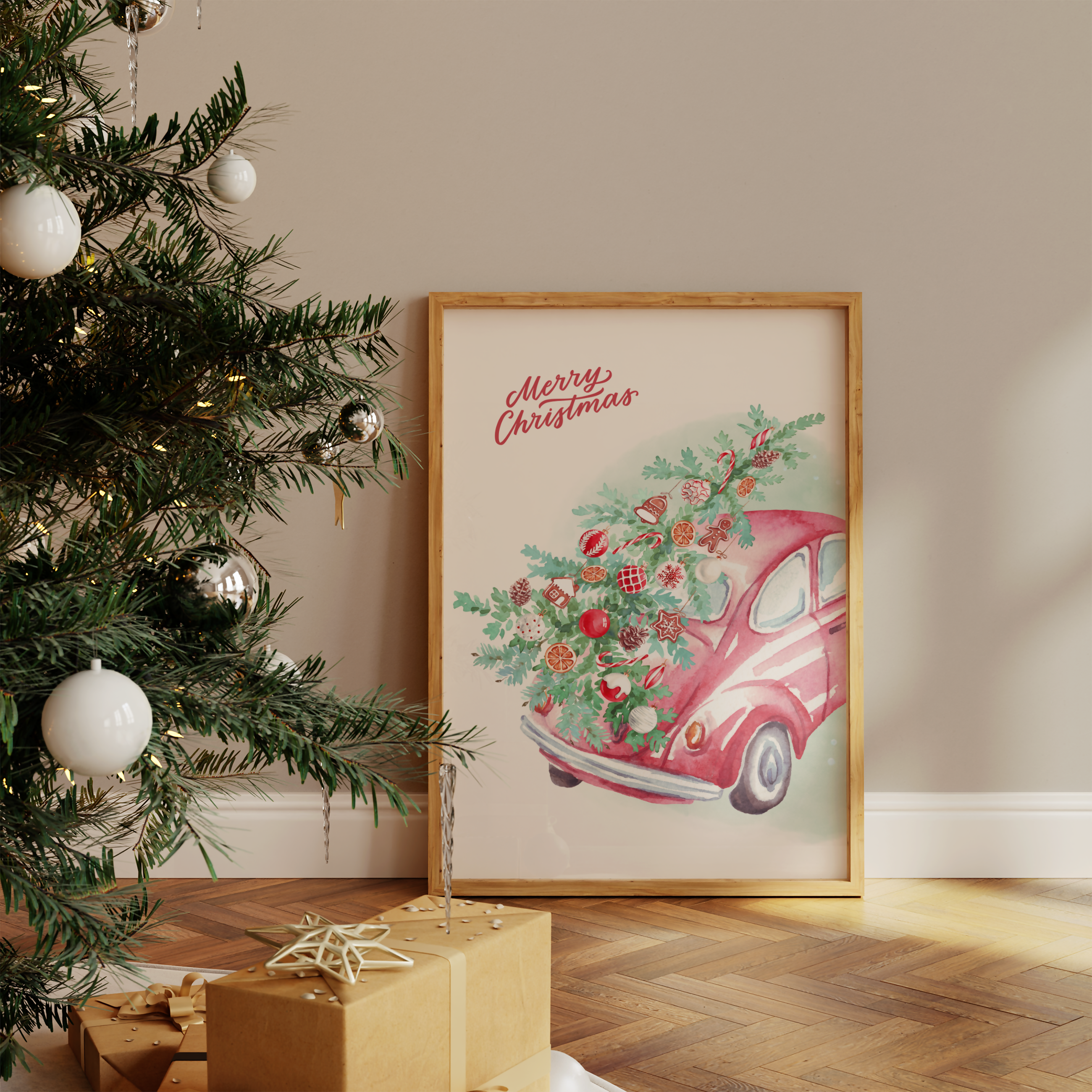 MERRY CHRISTMAS CAR WALL ART PRINT