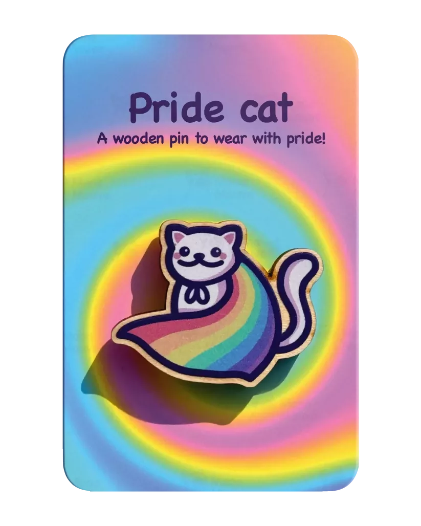 Wooden Pin Badge - Pride Cat