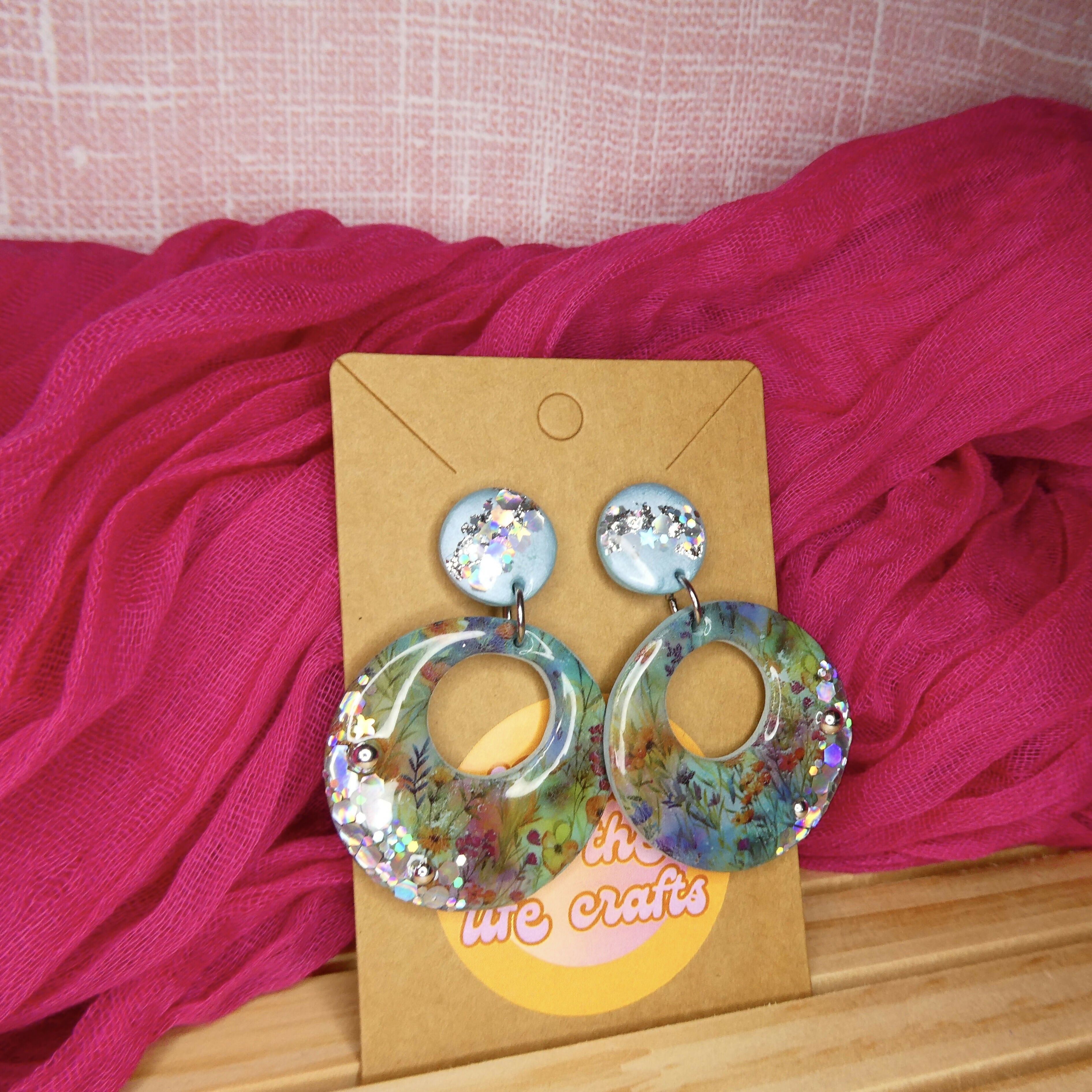 Big Floral Circle Polymer Clay Earrings With Glitter Detail