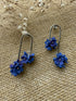 Long Arc Drop Earrings with Blue Flower Cluster