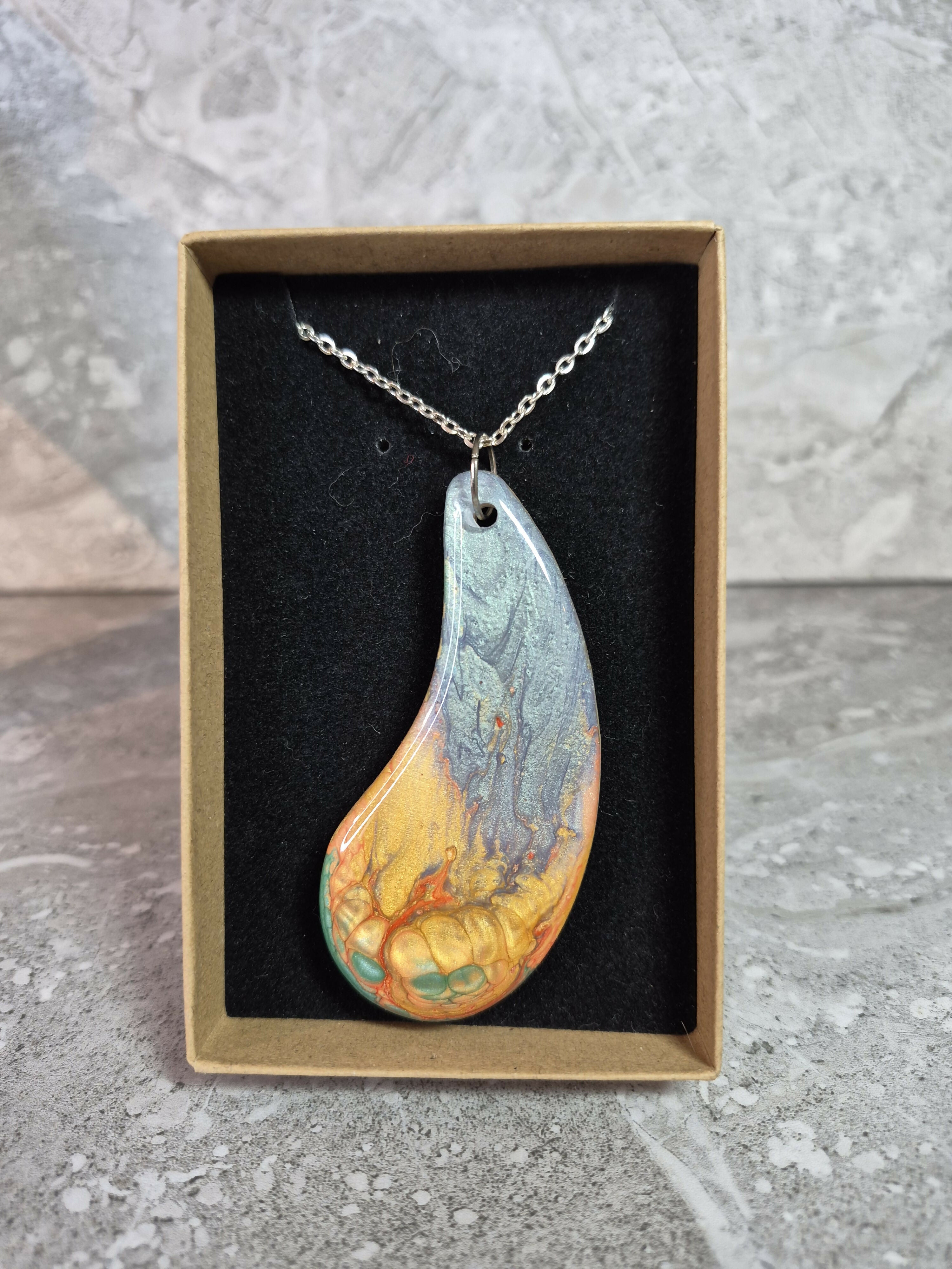 Unique Hand Crafted Tear Drop Shaped Blue, Gold Red and Green Pendant