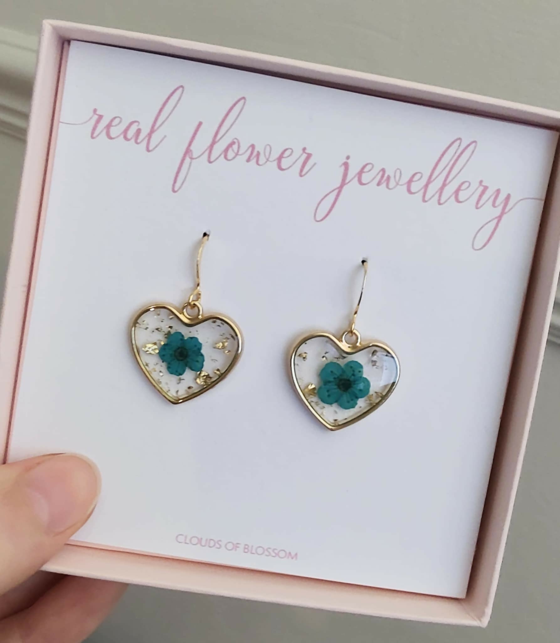 Turquoise Baby’s Breath Heart Earrings Gold Plated