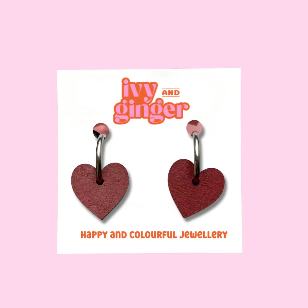 Deep Red Heart Shaped Hoop Earrings