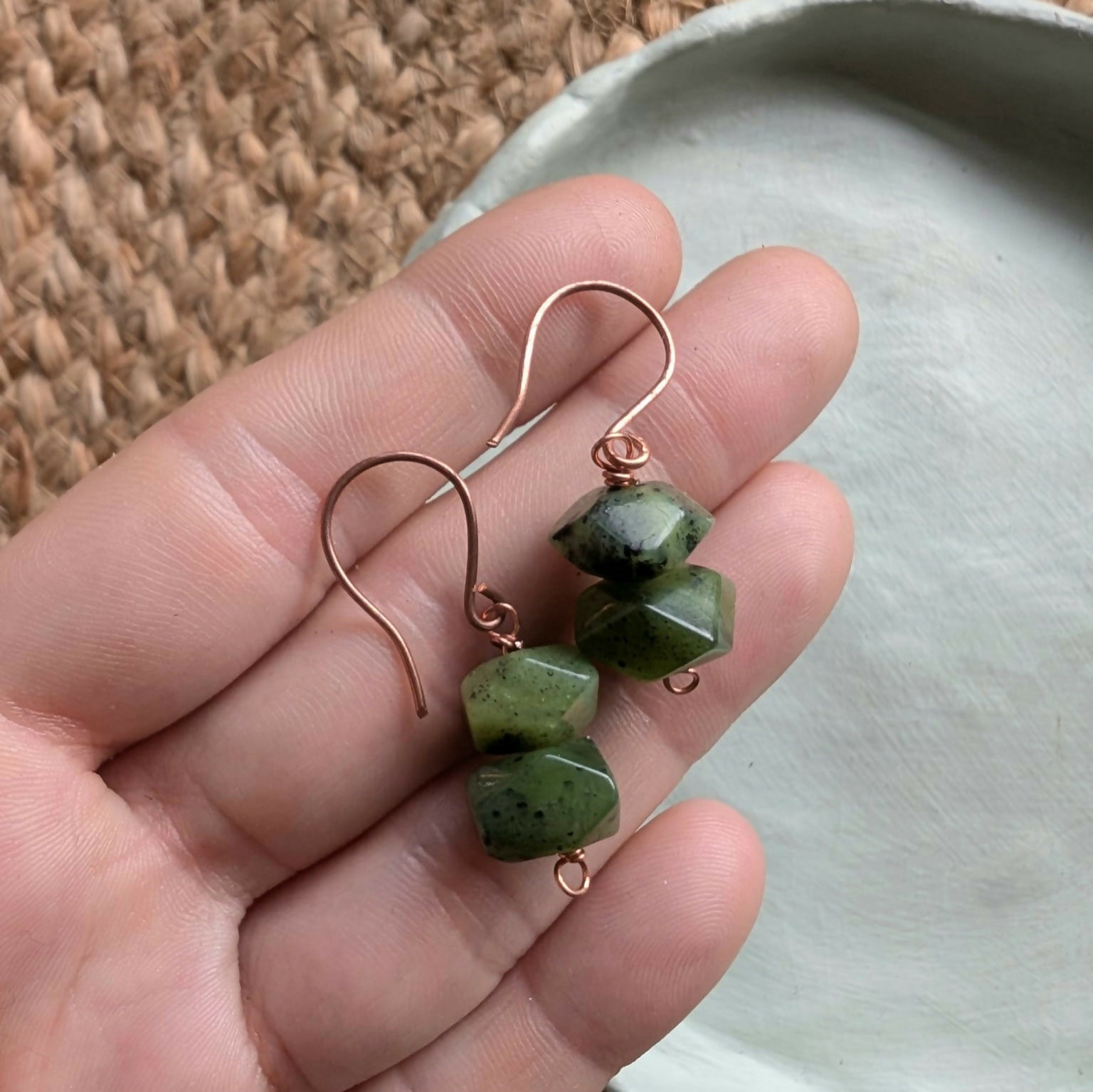 Hand wrapped Nephrite & Copper Dangle Earrings