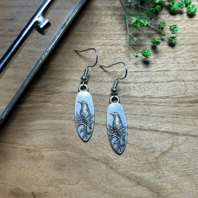 Silver Plated Crow Drop Earrings