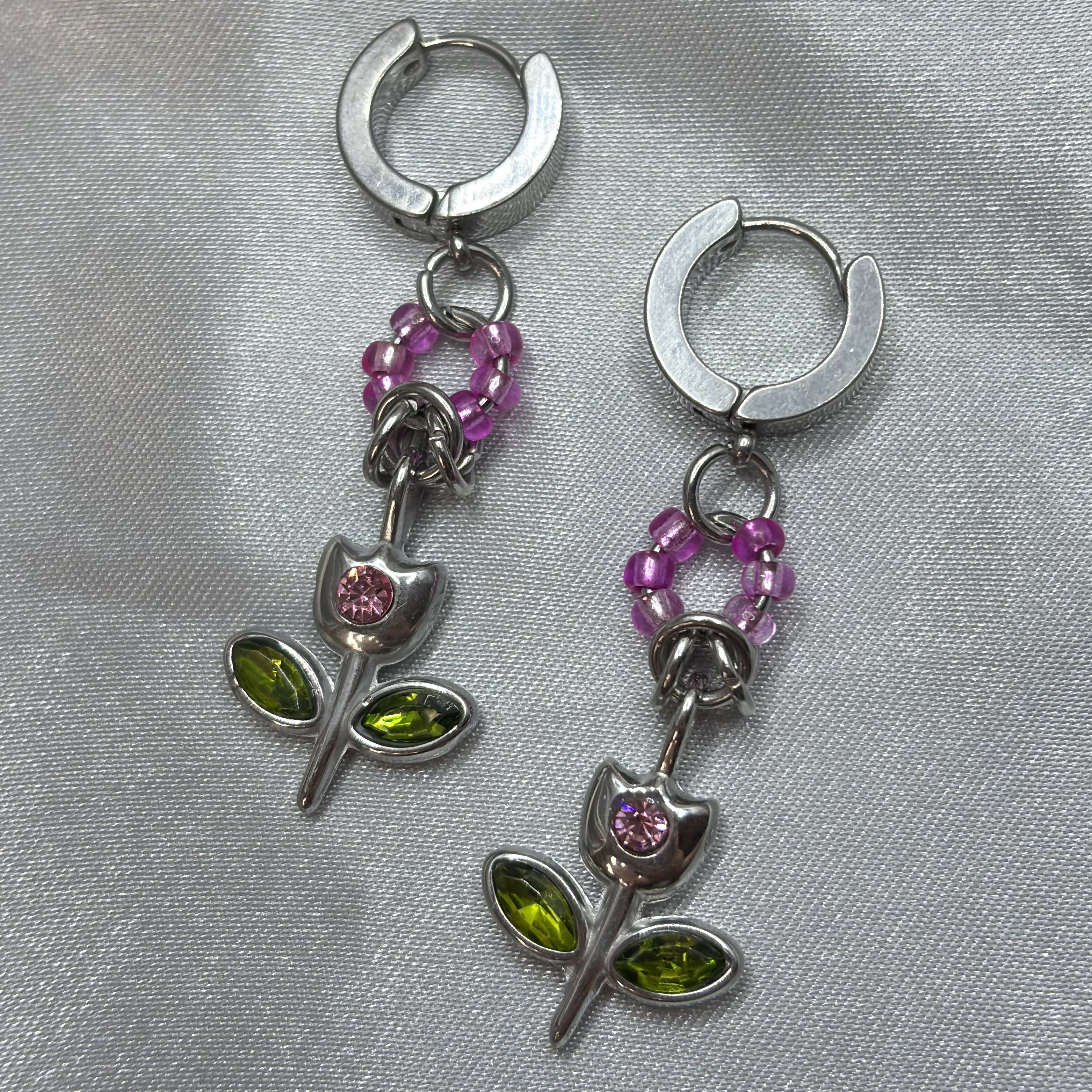 Pink Tulip Chainmail Earrings