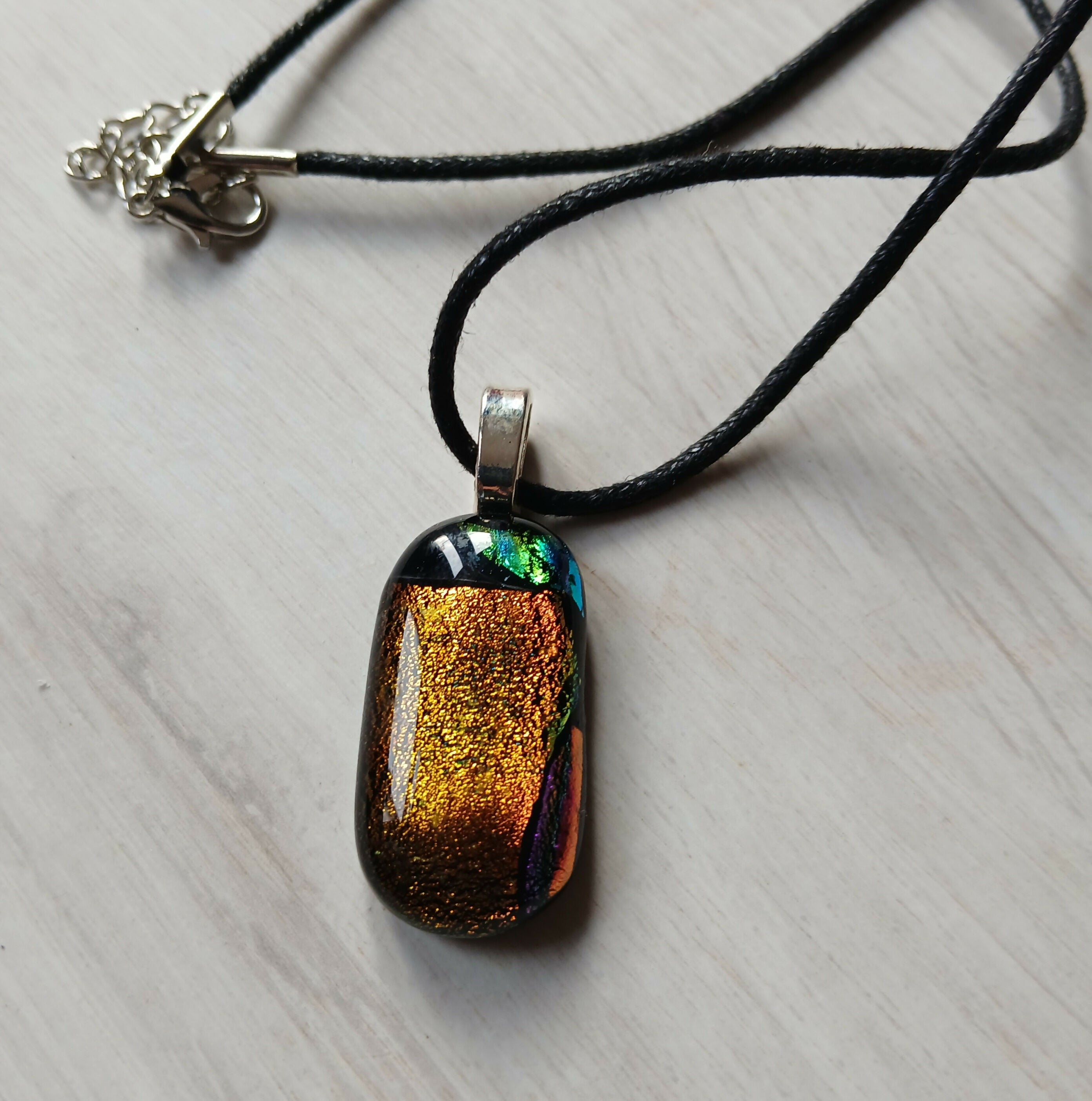 Fused Dichroic Glass Rectangular Pendant With a Cord Necklace (Orange and Pink)