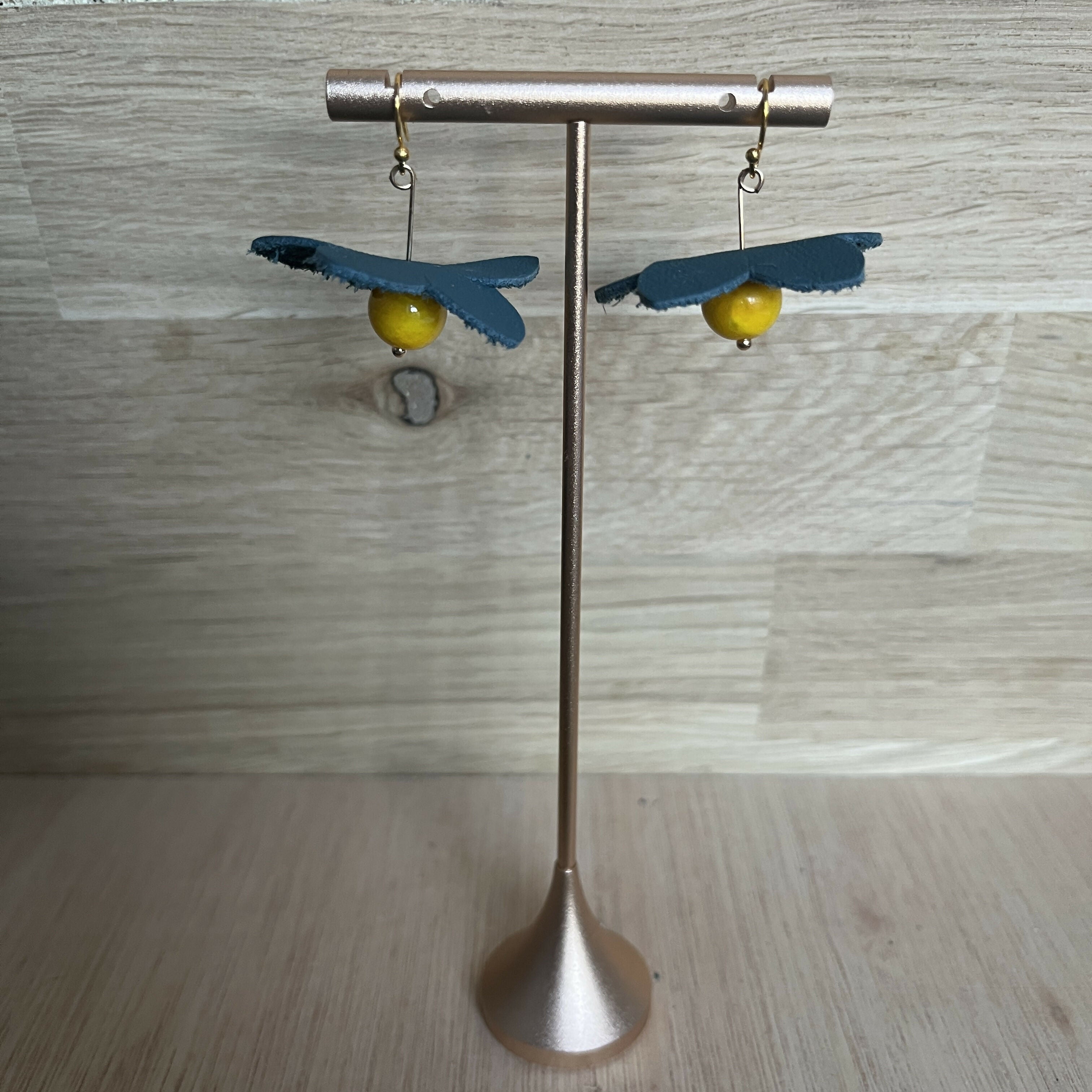 Forest Whisper – Blue Leather Flower Earrings with Yellow Stone