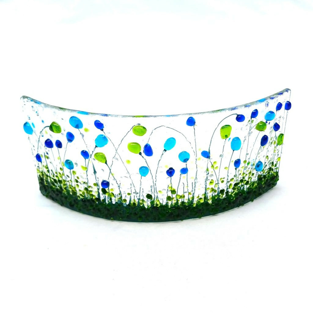 Small Fused Glass Curve With Flower Meadow Design (Blue & Green)