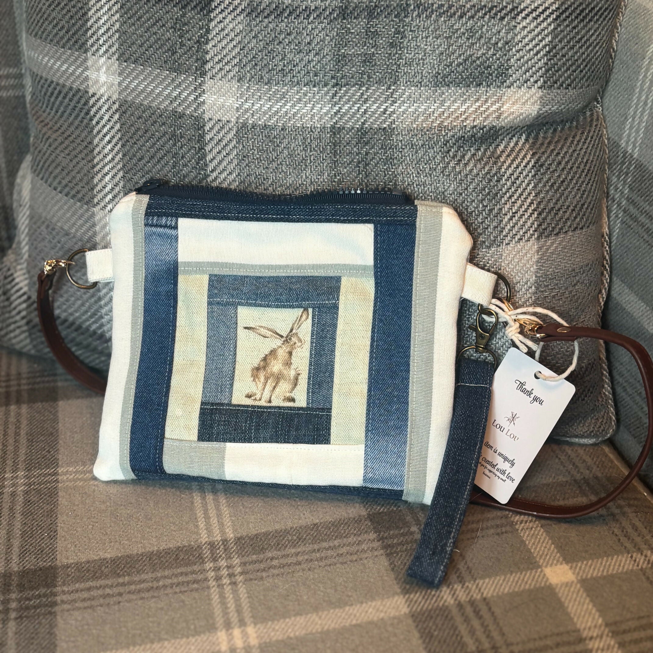 Unique Handcrafted Patchwork Purse Wristie With Crossbody Strap Made From Upcycled Jeans And Animal Print Fabric