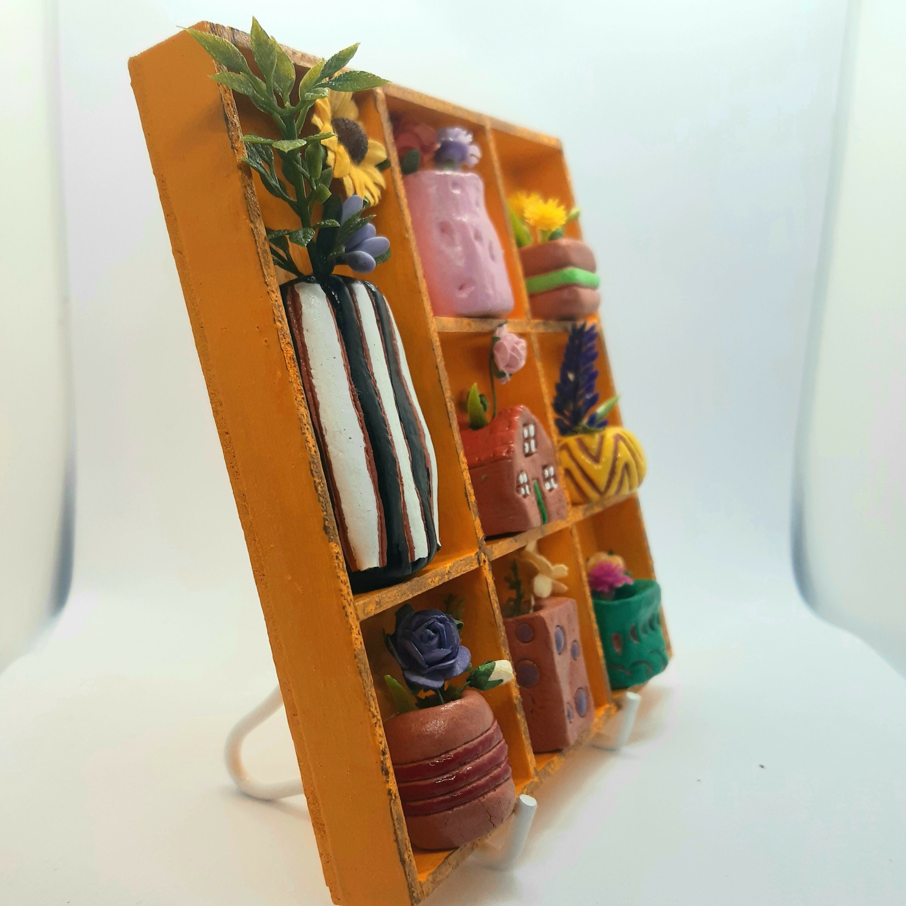 Clay Vase and Faux Flower Orange Painted Wooden Trinket Tray