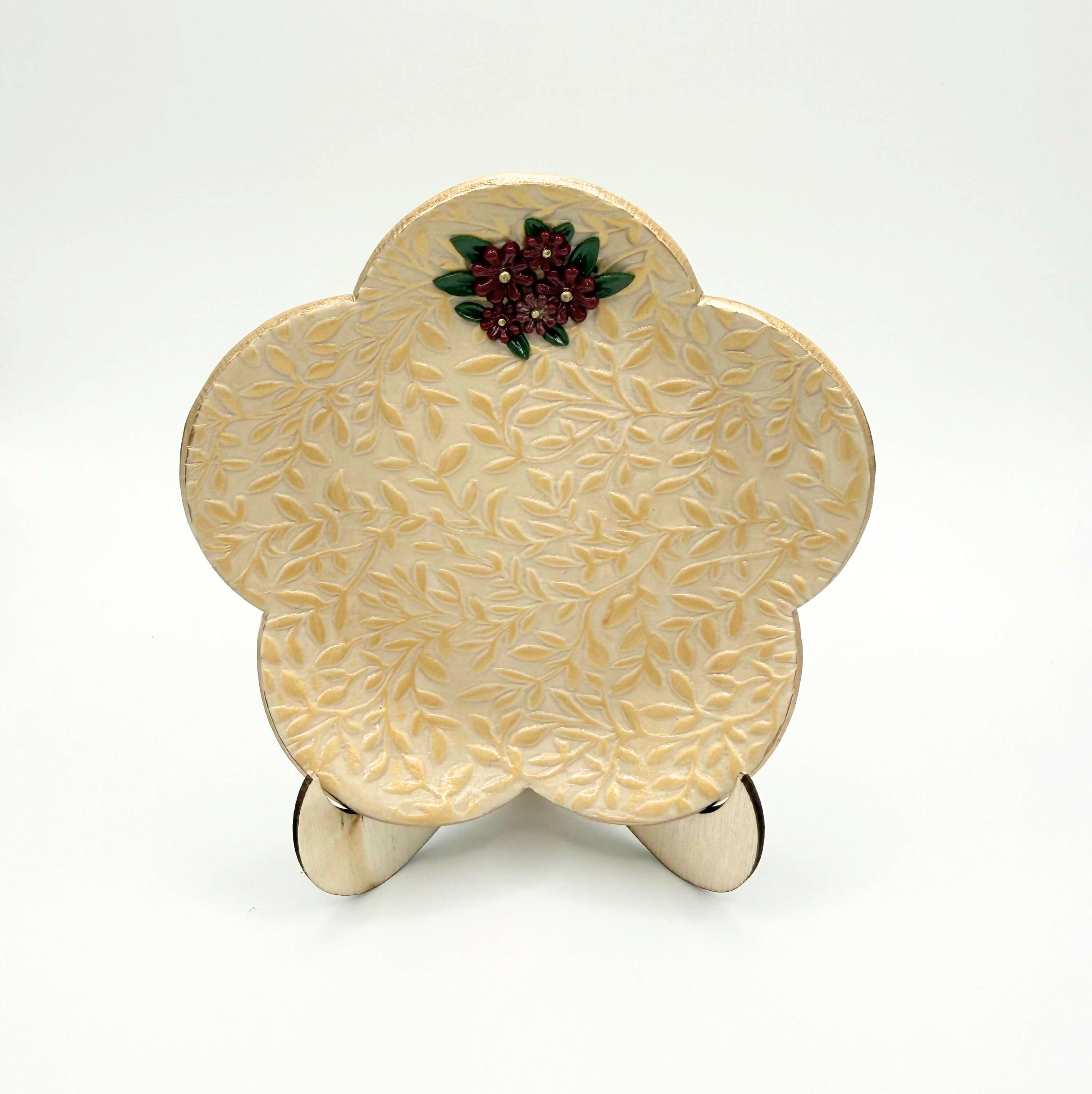 Handmade Botanical Trinket Dish with Leaf Texture and Floral Detail